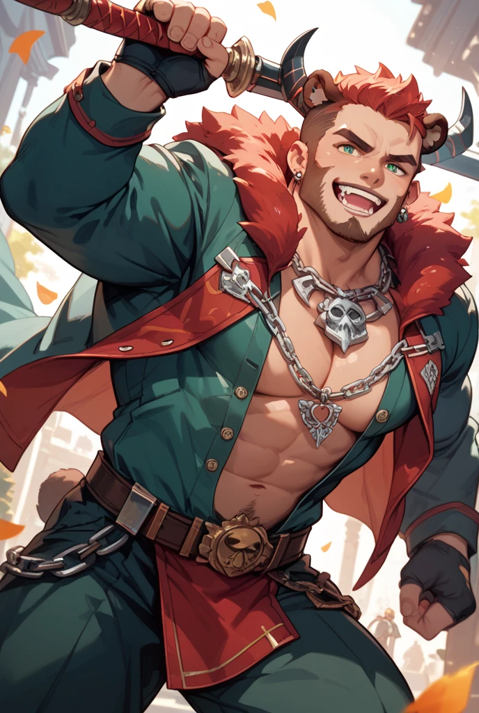 (Anime-style), (2D-illustration), 1boy, solo, looking at viewer, cowboy shot, male focus, mature male, highly detailed, vibrant colors, composite lighting, professional shading, (white background:1.5), (blank background:1.5), masculine shapes, sharp and crisp image, high quality textures, perfectly structured, natural proportions, grin, open mouth, (((tongue out))), fangs, rugged face, red eyes, intense, sanpaku-eyes, soulful, wide-set, almond-eyes, dark red hair, (Shaved sides), mohawk, (nape undercut), spiked hair, pointy ears, Chiseled abs, (fur trim), gold scale, tall, ((white cape)), necklace, earrings, Fringe, jewelry ornament, gold Embroidery, topless, detailed clothes, detailed face, best quality, bare chest