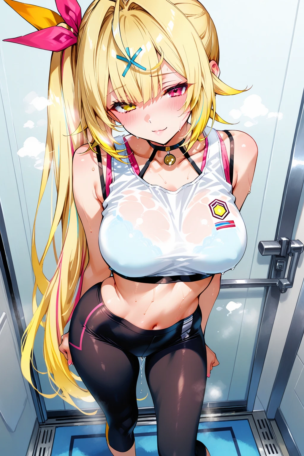 realisticlying、女の子 1 人、a blond、Longhaire、((Twin-tailed))、cowboy  shot、radiant eyes、((Wet T-shirt)), pointed Nipple、((leather pant))、Taken from the front, ((Put your hands on your hips))