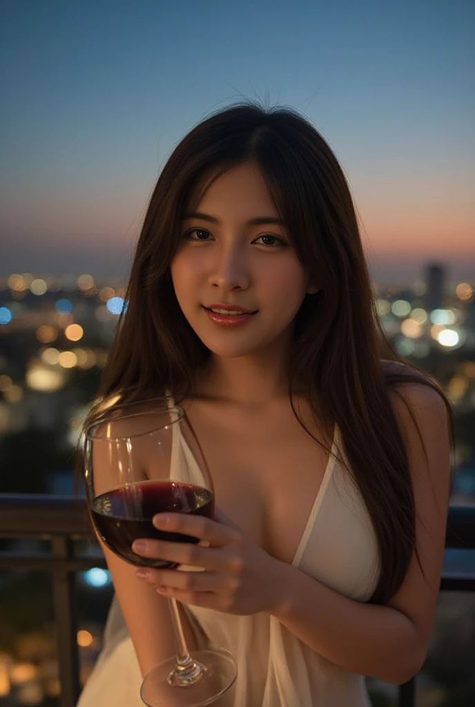 A 20-year-old with a cute idol-like face smile gently rather large bust In underwear holding a glass of red wine Standing on the balcony of an apartment building late at night Raw photo genuine real High definition Do not display copyright