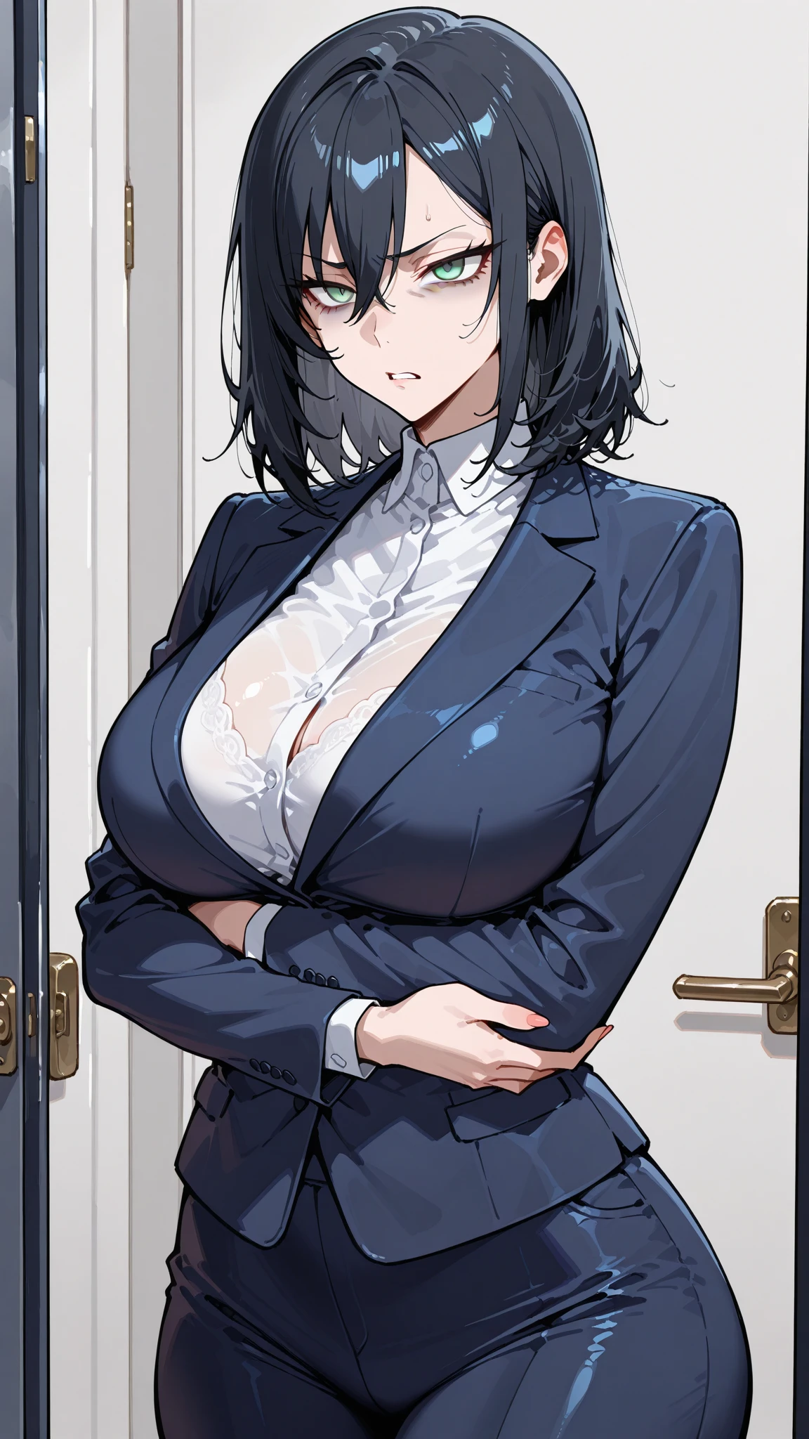Black Hair、Boyish short hair、Big Breasts、Nice breasts、The eyes are light brown in color.、mysterious、What a lovely smile、Clothes are in suits、The shirt makes her cleavage visible、