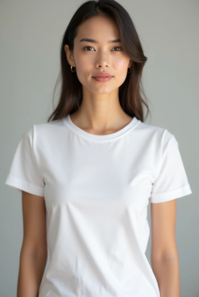 A woman in a white T-shirt with her arms on her hips、Chest tension、He has a proud look on his face.。