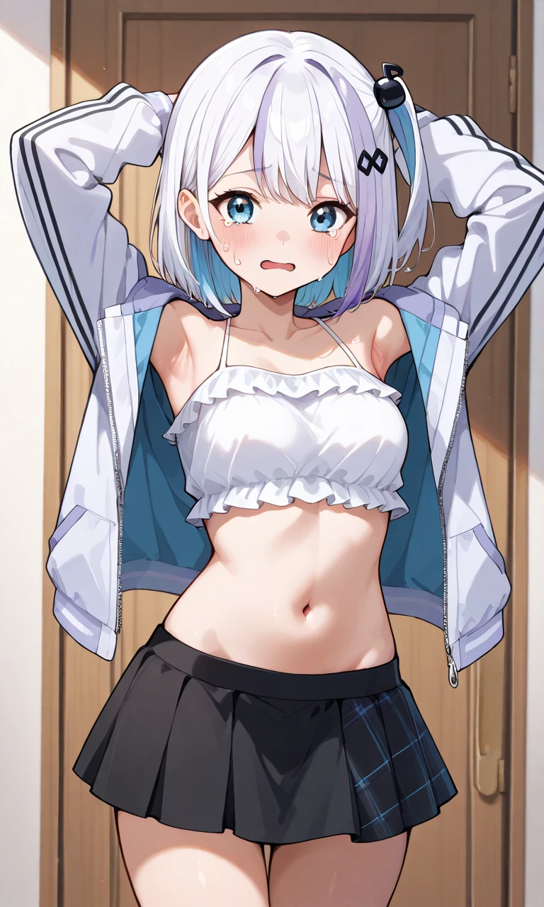 (small breasts:1.2), (perky chest:1.2), (pointed chest:1.2), (Pudding cake magazine cover:1.3),(from above:1.0),(shoot from the side:1.1),masterpiece, 1girl, Amazing Cleavage:1.1, thin waist, optimum,tmasterpiece,hight resolution,best qualtiy,hyper HD,super detailing,awardwinning,a 18yo cute girl,(The upper part of the body),anatomy correct,Beautiful Black miniskirt,garters,Gaze,Small face,bangss,holster,Beautuful Women,hands up,leg holster,Gaze,black boots,Cowboy Shot,cute face,a blond,Longhaire,Twin-tailed,Braids, Hairline,（scarlet eyes）,long eyelasher,Hanging eye corners,White skin of the, ((see through camisole:1.1)), ((Sheer nipples:1.0)),Rocket Tits,(Slim body),smile,seductive weak smiling,(with sparkling eyes and a contagious smile),little open mouth, Looking at Viewer,