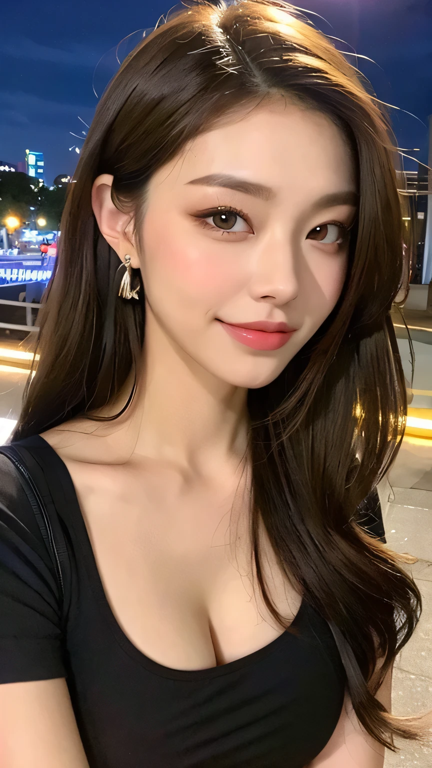 ((Best quality, 8k, Masterpiece :1.3)), Selfie, A pretty woman with perfect figure :1.4, Slender abs :1.3, ((Dark brown hair wavy hair, glittery hair clip, big breasts :1.2)), nude, in a upscale restaurant,:1.1, Highly detailed face and skin texture, Detailed eyes, Double eyelid, full body