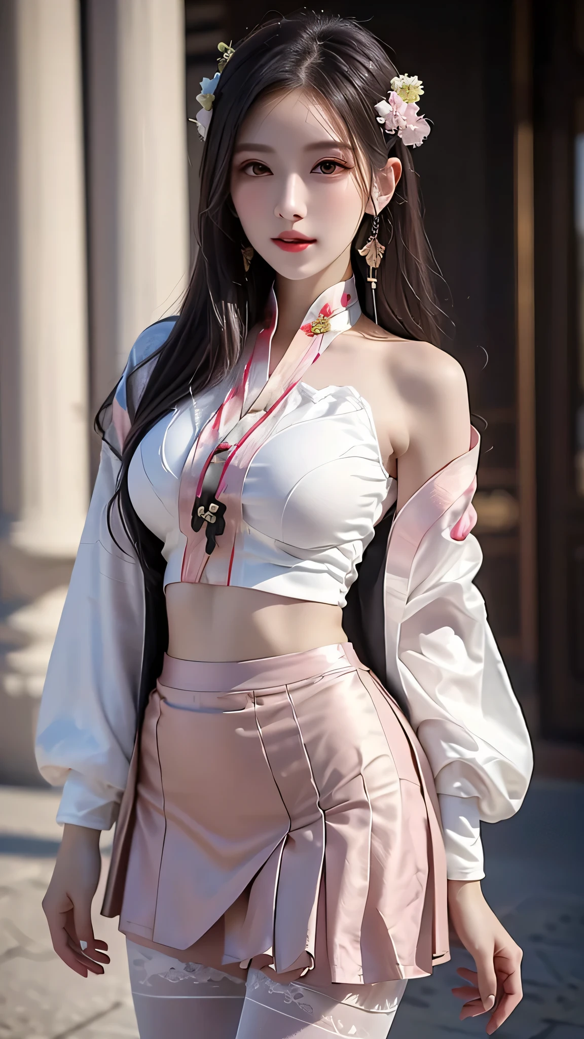 (Top Best quality, 16K, Masterpiece: 1.7)), Clear focus: 1.2, 1girl, Perfect Figure: 1.3, Slim Abs: 1.1, Extremely detailed CG8K painting, high color, Extremely high color saturation, All colors are deepened, painting, graffiti art, central composition, film movie still, 1 girl 20 years old、pale-skinned、innocent smiles, ((detailed hanfu: 1.8)), ((detailed sexy body: 1.5)), ((detailed tight white coton hanfu: 1.6)), ((sexy standing pose)), ((detailed super beautiful face)), ((detailed super beautiful eyes)), ((detailed mini tight short voan skirt: 1.6)), ((detailed transparent pantyhose: 1.4)), ((detailed show breats )), ((detailed sexy hanfu: 1.7))、(Detailed skin)、Moist with intricate details、Shallow depth of field、[volume fog、shot at 8k resolution、jennie makina, A light-haired, Long detailed hair, Green eyes,Close-up, whole body, standing pose, fair white skin、shiny white skin、bright silver long hair、light white long hair、、Beautiful eyes with random colors、Very thin lipeautiful eyes finely detailed、elongated eyes、pale pink blush、long eyelash、Beautiful double eyelids、eyeshadows、neckless、Nipple Ring、Beautiful eyes with random colors、very thin lips, finely detail、elongated eyes、pale pink blush、long eyeslashes、Smilling, Beautiful double eyelid、Lighting that emphasizes beautiful skin、Lustrous skin 2.