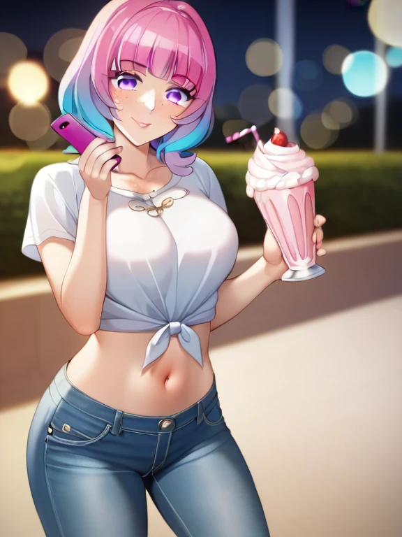 A pink haired woman with violet eyes and an hourglass figure in a cute tank top and shorts is eating ice cream on the dock with a big smile.