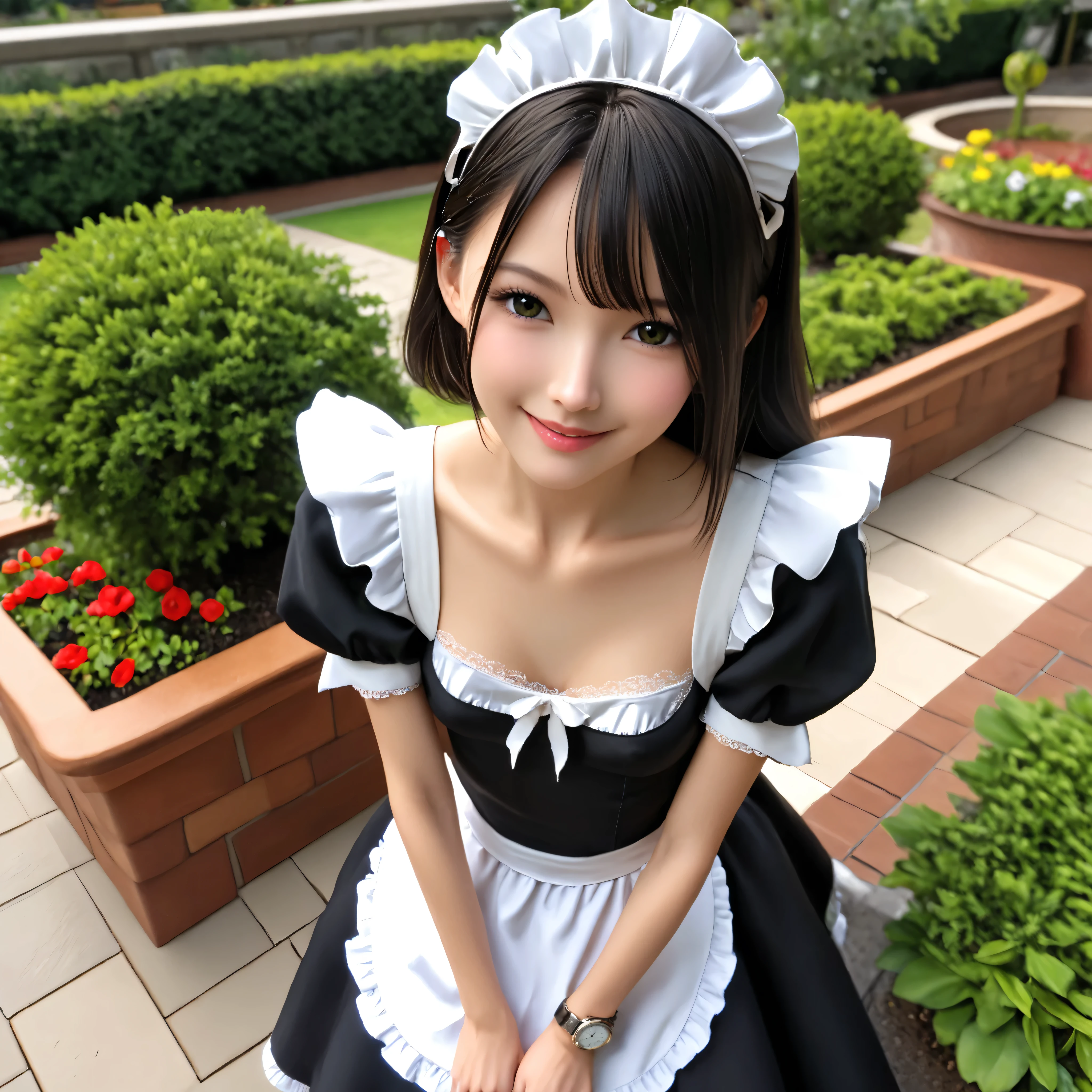 (1人の可愛いyounger女の子)、Maid,I'm tending a garden outside a traditional western mansion,A beautiful girl leaning forward,Black lace stockings,from above,Watch viewers,(Smile Yang:0.86), (younger:0.80),(skinny:1.37),(big breasts:0.79),Japanese
