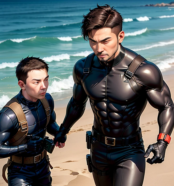 40 years old,Four Men,、Black bodysuit、Shocker Belt、Black gloves、In the sea、Big Explosion、Blown away、logic,Gay ,Brown Hair、Short Hair。かなり短いShort Hair、Handsome Fighter　Scream、Painful face、Open your mouth wide and stick out your tongue、Painful and painful　scream　The crotch area is bulging