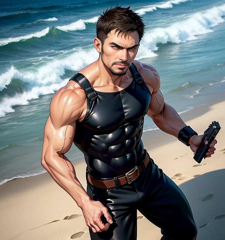 A super detailed and realistic image of a kpop idol shark man with a fin on his back. The knight's powerful physique is accentuated by his strong, defined muscles. the background is a beach at scarlet sunset