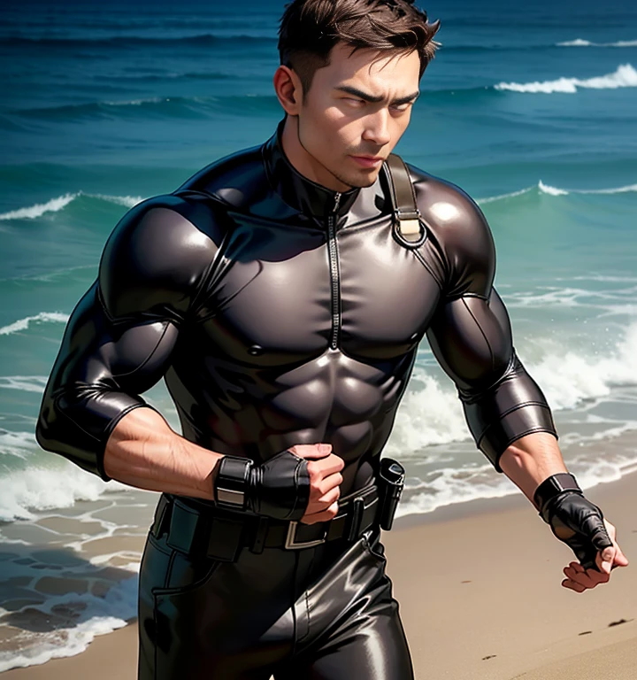 40 years old,One Man,、Black bodysuit、Shocker Belt、Black gloves、In the sea、Lying on your back、Being attacked、Legs wide open、The crotch area is bulging、 logic,Gay ,Brown Hair、Short Hair。かなり短いShort Hair、Handsome Fighter Scream、Painful face、Open your mouth wide and stick out your tongue、Painful and painful scream