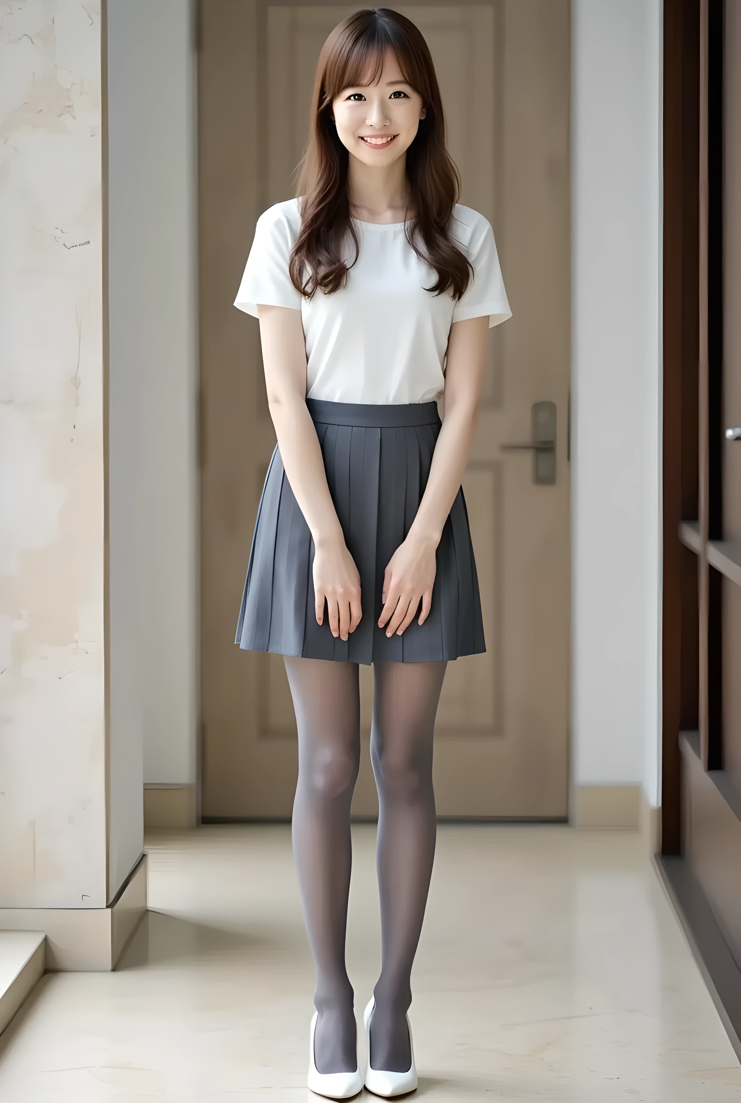 Super Real , photorealistic , (Full body image:1.5), she looks so happy , shadow, global illumination , Alone, (japanese women in their 20s :1.5), very beautiful、 cute smile , Slim, brown hair , beautiful legs , Long, slender legs , Surimi West , She's wearing a receptionist ,wearing a bus guide , turn your body forward、 white hair,full body photo ,Please take a picture up to the tip of your foot ,wear gray pantyhose on her legs ,When the light hits stockings, they reflects beautifully., wearing white high heels ,