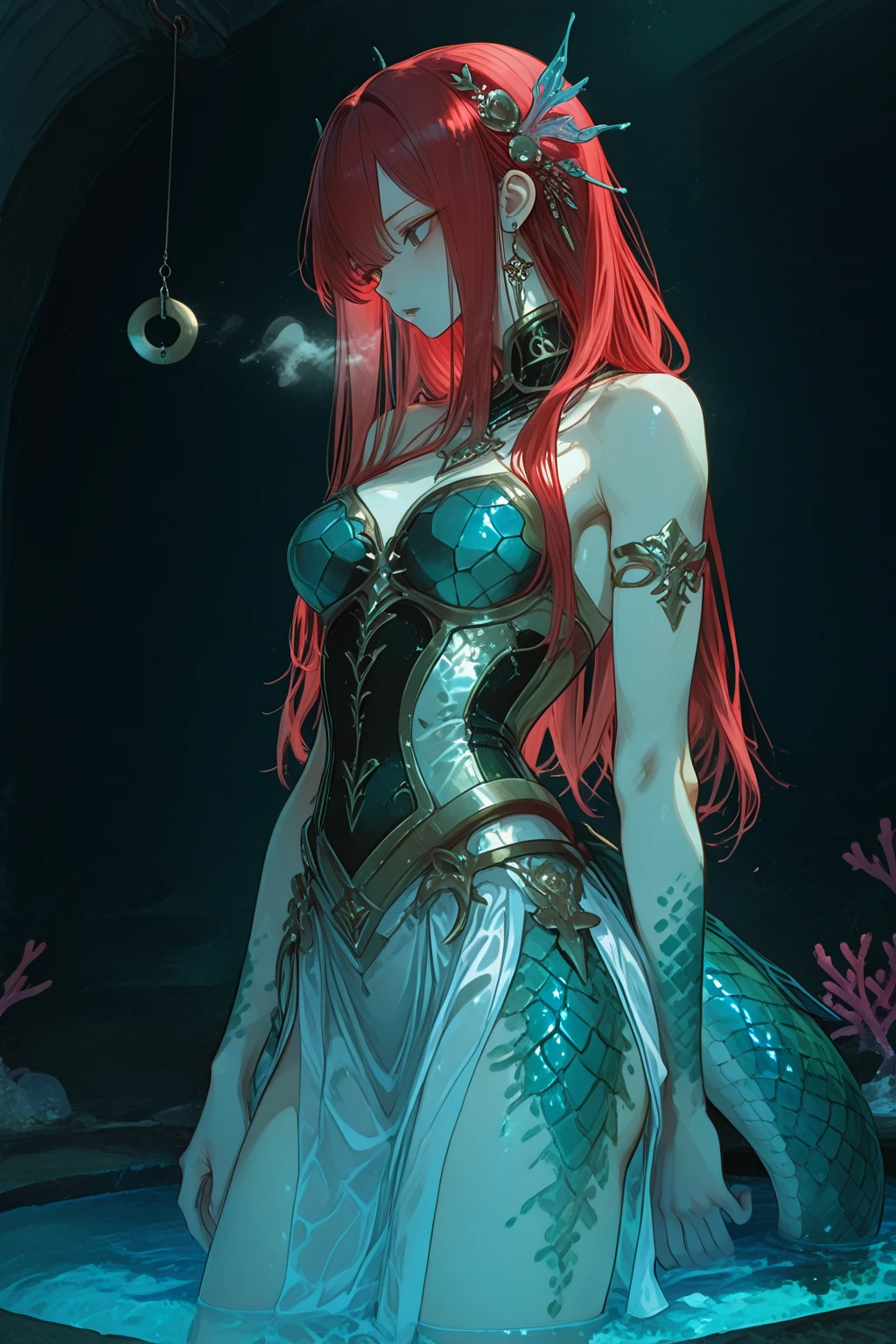 mermaid, (extremely detailed CG unity 4k wallpaper),(masterpiece),(best quality), hole body,(ultra-detailed),(best illustration),(best shadow),(absurdres),(Detailed background), Very long bright red hair (Hime), pale skin, Blue eyes, Seashell bikini top, Fantasy aesthetic, Under the sea background, Close up, Angry, Arrogant, Fit build,