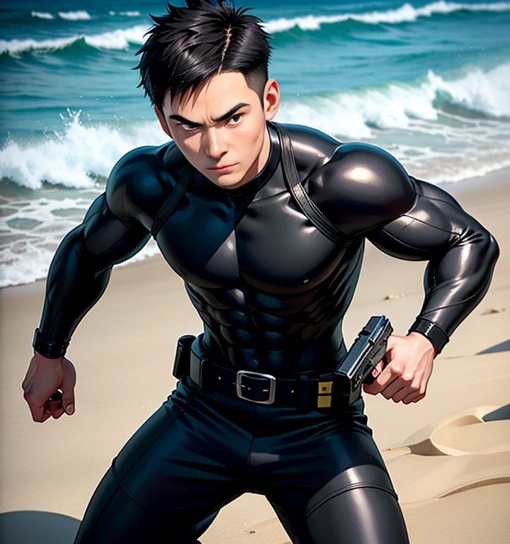 30-year-old handsome man、Black bodysuit、Shocker Belt、logic肉質、Cliff in the mountains logic,Gay ,Lying on your back Fallen The crotch area of the pants is bulging Scream Close your eyes Sticking out tongue Dirty in the muddy water