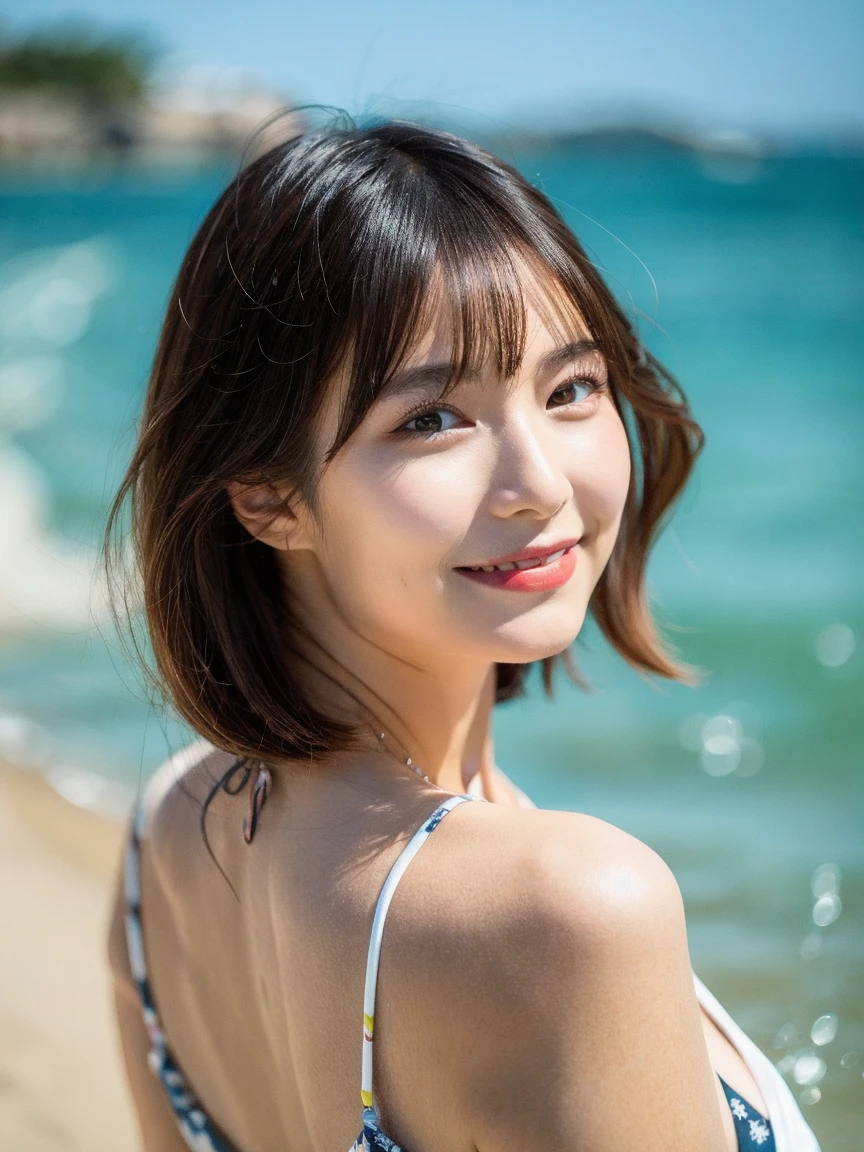 Photo of a Beautiful Korean kpop idol Woman, Summer, Tri-X, 80mm、Eat ice cream deliciously、sea side、Looking at the camera、a smile