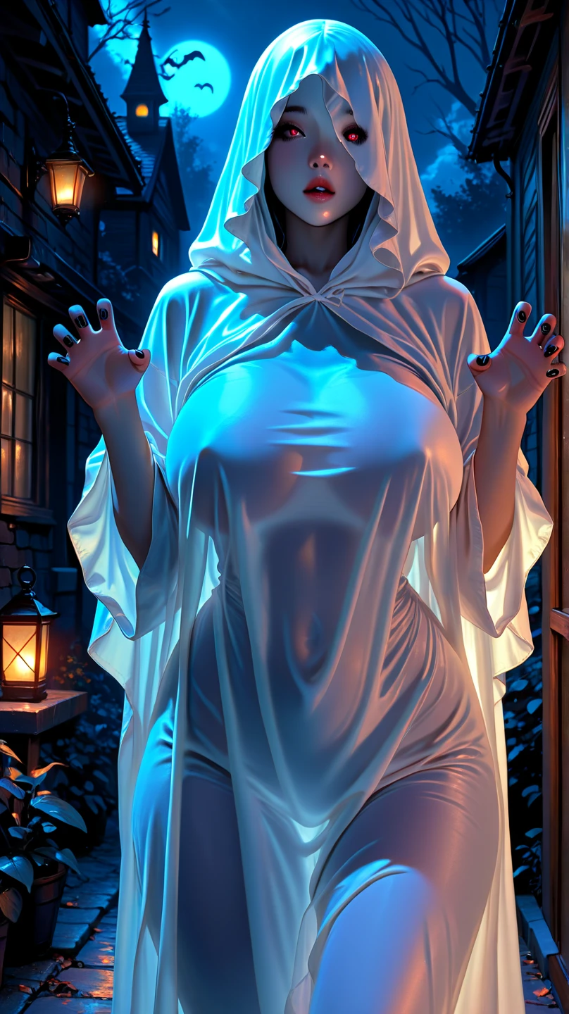 (ghostly, ethereal very young girl with floor-length translucent, flowing attire, resembling a cloak). Her face is gaunt, pale, ghostly, with a touch of sorrow. gloomy atmosphere. The scene exudes an eerie ambiance, with a hint of (nsfw, sensual) undertones, as if unveiling secrets from the past. (subtle nudity:0.7), big green eyes, nipples trough clothes, olgdmi, face