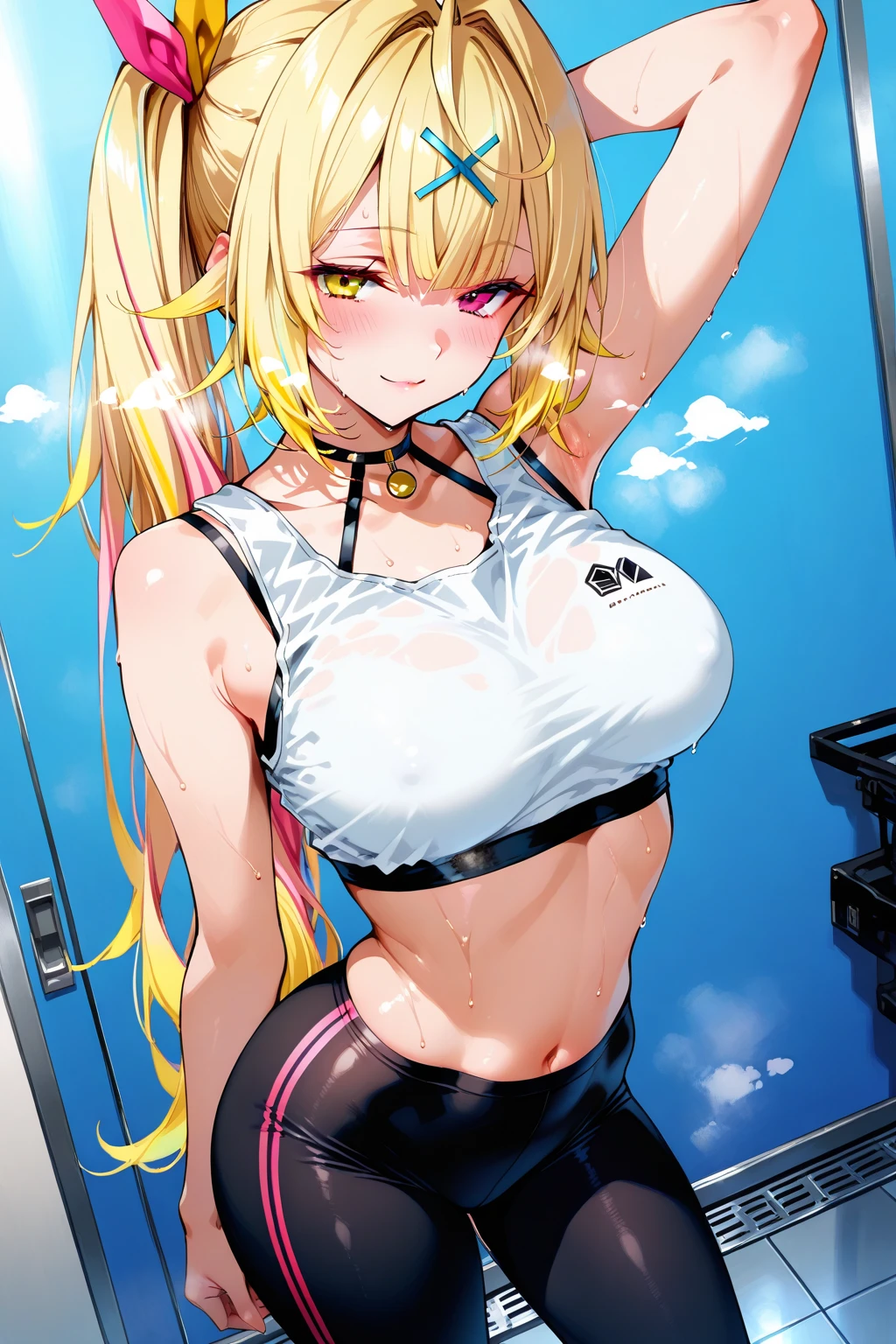  1 girl,  empty eyes ,long hair, , kagamine rin , blonde hair, blue eyes, hair band,   beautiful breasts, large breasts, solo, nsfw, nipple, ride a bicycle, nipple , wet