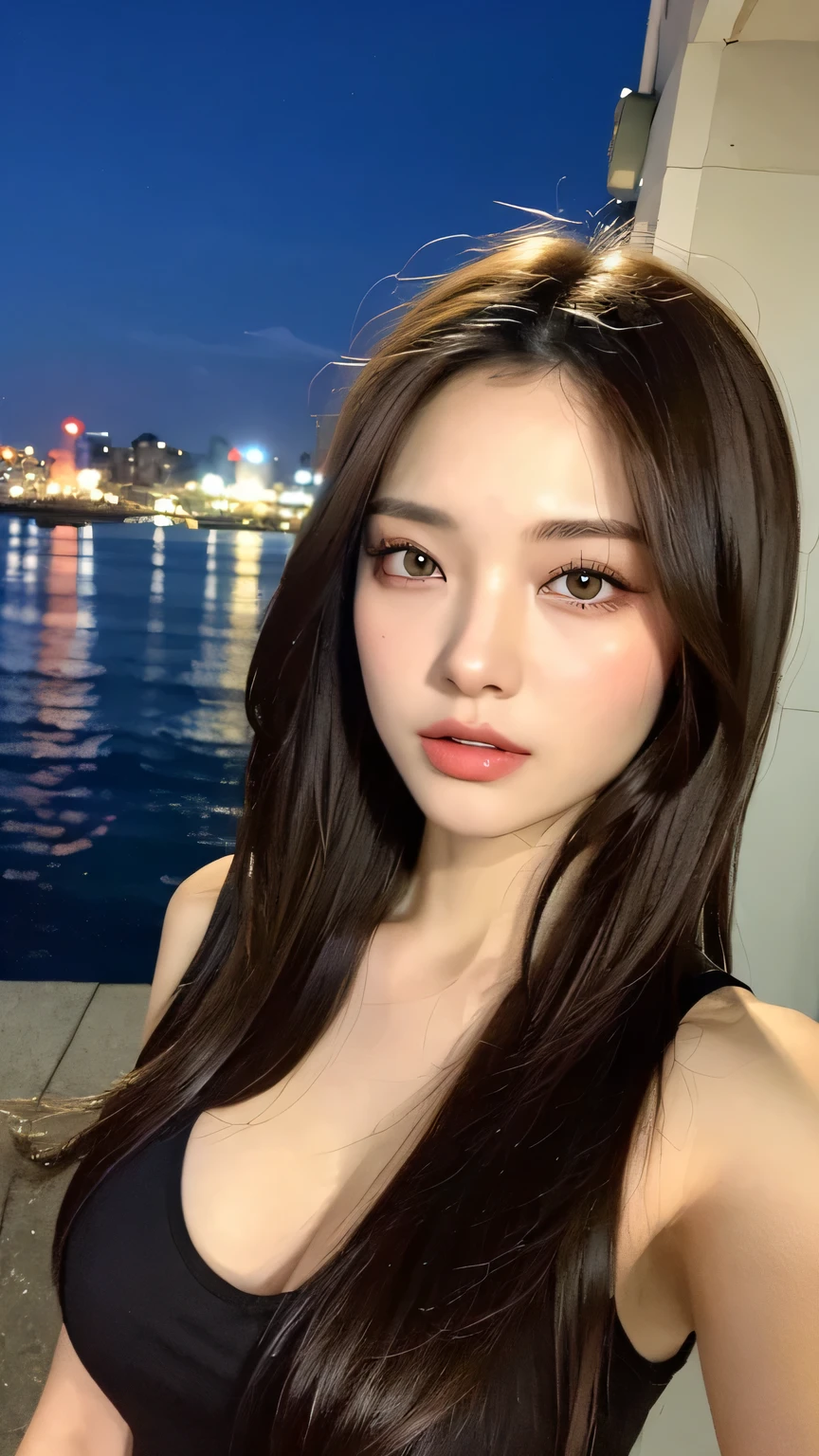 ((top quality、8 thousand、masterpiece:1.3))、cute 1 fat girl:1.4、((dark brown hair、medium chest circumference:1.2))、rocky area next to the sea:1.2、Highly detailed face and skin textures、detailed eyes、double eyelid