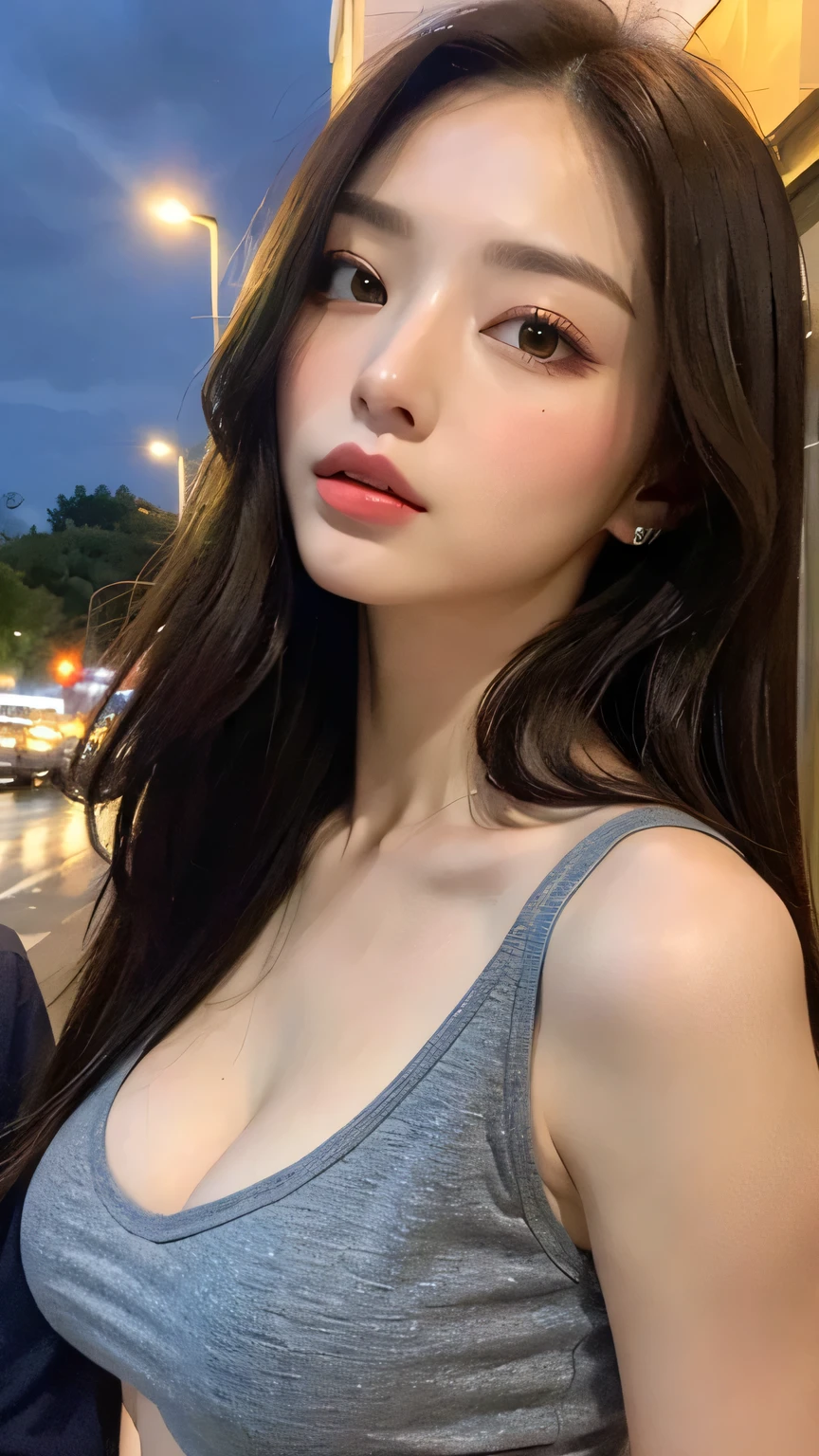 ((Realistic lighting, Best quality, 8K, Masterpiece: 1.3)), Clear focus: 1.2, 1girl, Perfect Body Beauty: 1.4, Slim Abs: 1.1, ((Dark Brown Hair, Big Breasts: 1.3)), (Aqua Dress: 1.4), (Outdoor: 1.1), City Street, Super Fine Face, Fine Eyes, Double Eyelids, Exposed cleavage