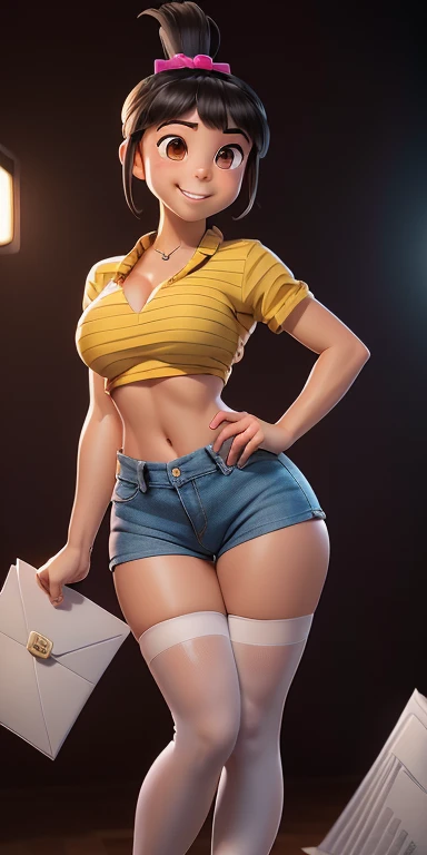 Masterpiece, perfect face, perfect body, perfect breasts, perfect legs, perfect hands, perfect fingers, gorgeous face, very huge breasts, short black hair, very tan skin, erect nipples, skimpy clothes, yellow tank top, very short shorts, jean shorts, bare midriff, bare shoulders, curvy, big ass, slutty, short girl, SFW, non-nude, from behind, huge ass