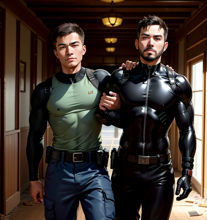 30 years old,Two Men,、logic肉質、Black bodysuit、Shocker Belt、Combatant、On the rubble。Embracing each other and sitting down、Deep Kiss、Grab your crotch、、logic,Gay ,Very short hair。The crotch area of the pants is bulging、Stubble、