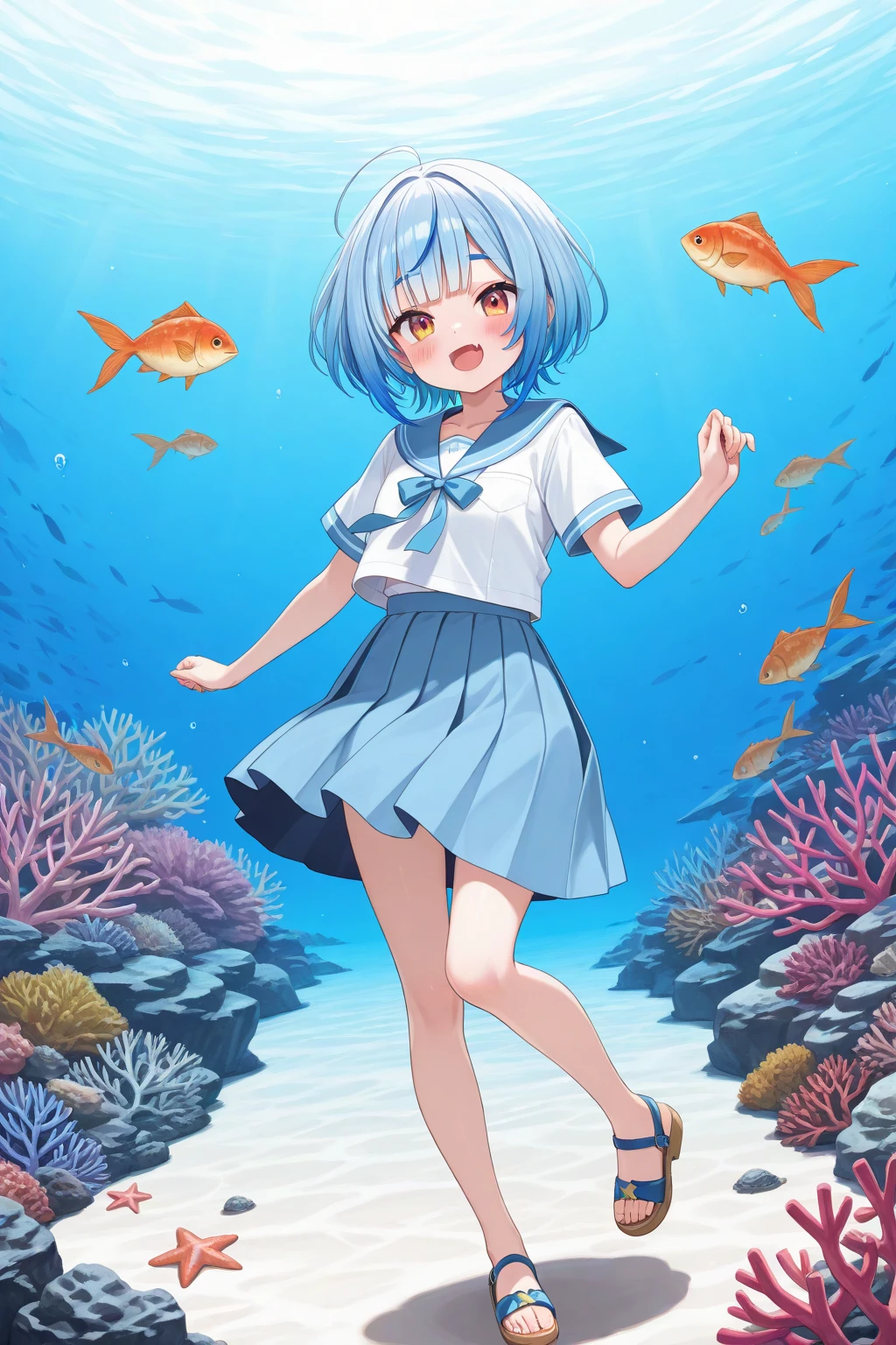 ((masterpiece、top-quality)、white backgrounid、One Little Girl、Sentimental、full-body view、white clothes、lightblue hair、Wave Shorthair、bare-legged、Cat ears、Turned、