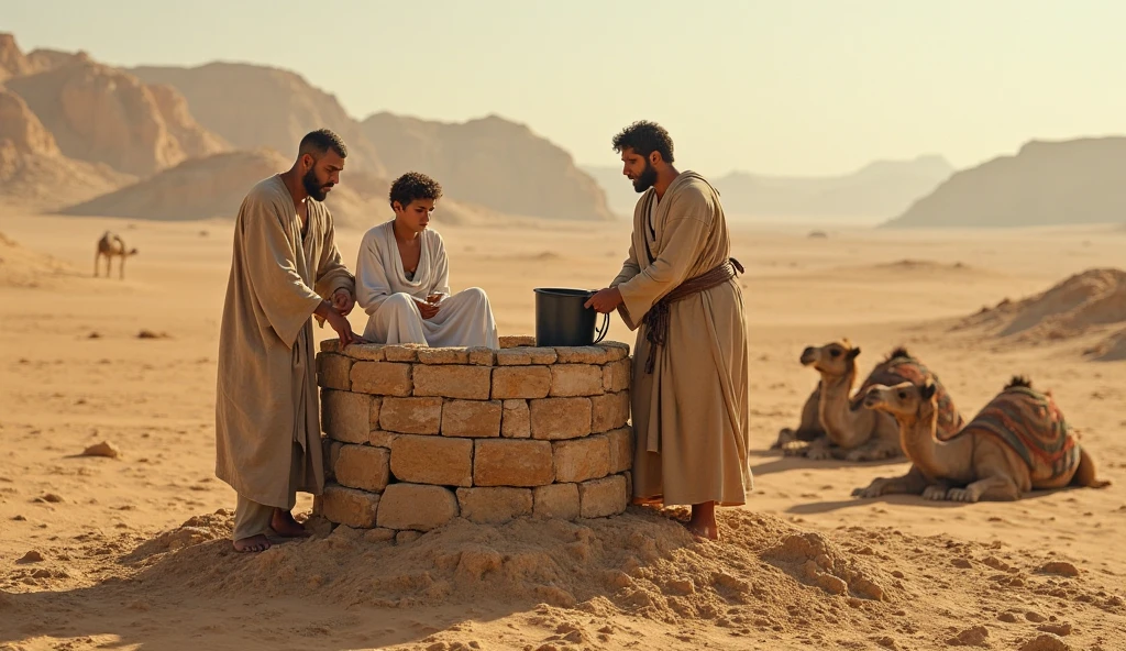 A few Egyptian men were dragging a very handsome Egyptian youth towards the well