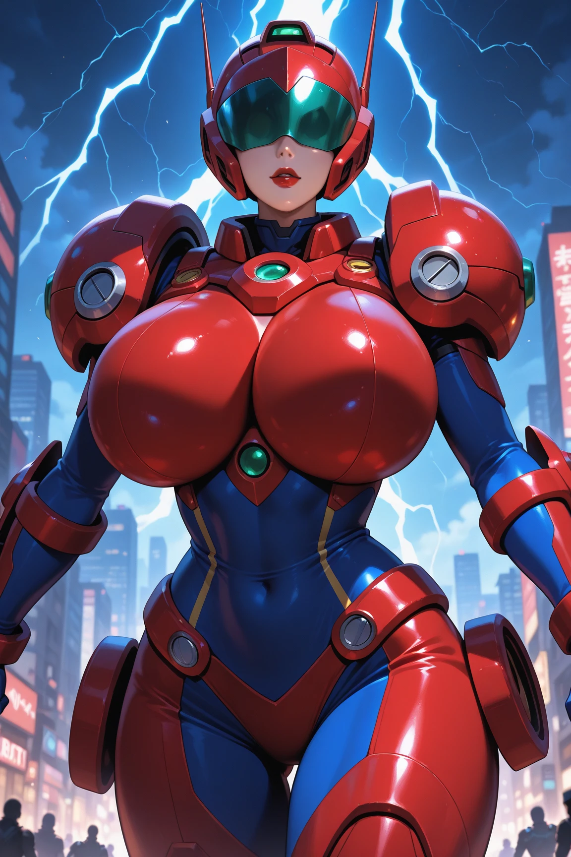 DeadpoolStyle, deadpool mask,  ponytail, pale skin, american woman, female bodybuilder, in penthouse, luxury window, scifi robot statute in background, santa costume, red bra, red skirt, midriff, navel, cyberpunk, realistic,  cyberpunk art, holography, cleavage, (huge breasts:1.6), grandscale,landscape,scenery, huge monument in background, science fiction <lora:Santa_Cos:0.8> <lora:DeadpoolStyle:1>, full mask, straight hair
