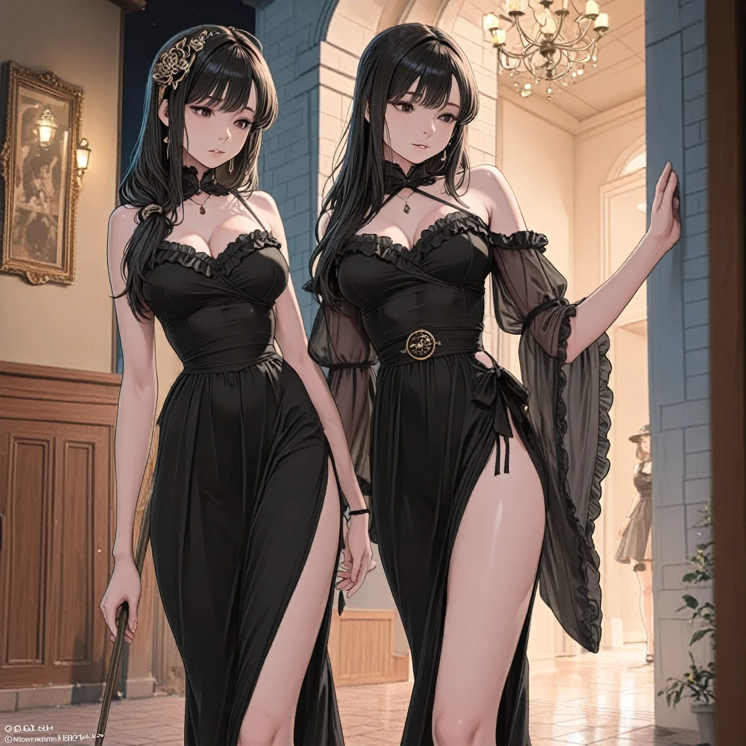 women, hair a little long and ((curly)), ((by white)), Red eyes, White and purple strapless dress, standing, Whole body, at the entrance of a house, smiling.