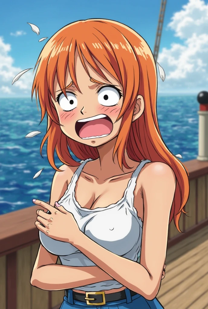 Nami,1girl,solo, beautiful, thicc thighs, huge breasts, wearing bikini, in the beach, orange eyes, realistic pupils, highly details eye, perfect anatomy, good anatomy, good composition, armpits, sweating, milf, thicc thighs, lubricant skin groin area, oily skin, red armpits, sweat armpits