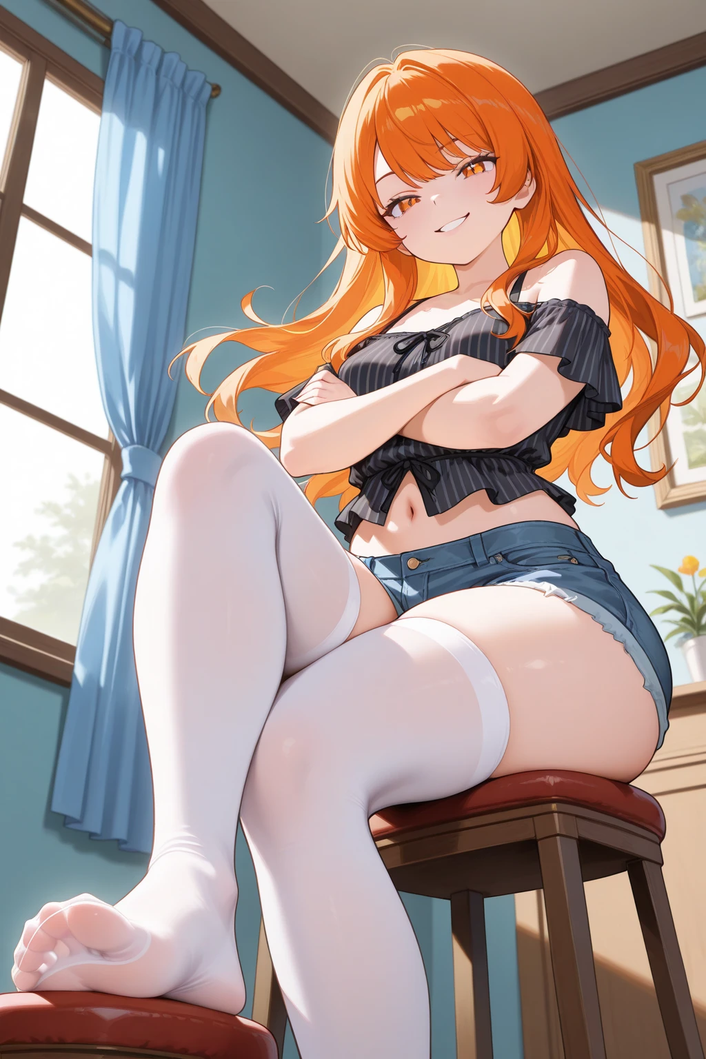 One Woman、Cute Woman、plump thighs、Best image quality、High resolution、masterpiece、super high quality、Spread your legs、Lime green bra、Yellow-green panties、I can see her panties、とてもBig Ass、The buttocks are too big、Blushing、Grinning face、4K quality、Thick thighs、Big Ass、Sit with your legs apart、Blushed、Big Breasts、Proud face、Wearing black stockings、Her ass is pointing towards me、bed、Spread your legs wide、Huge 、Very big ass、Low angle shot