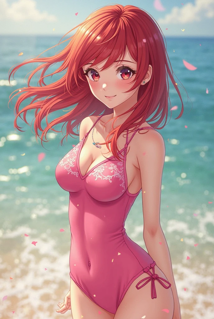 (Masterpiece, Best Quality, High Quality),Nishikino maki, Red hair, purple eyes, (freckle:1.2),moist skin,volumetric lighting, illustration, beautiful, a bow,upper body, (Light blue camisole:1.1), floral print, looking to the side,big breasts ,confident, seductive smile, (arms behind back, head tilt:1.1), heart pendant, perfect lighting, perfect shadows, flower, (breathtaking scenery:1.1), tree, blushing