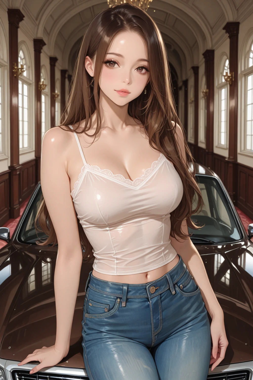 Top quality, RAW Photo, Highest Quality Image, 16K, Full body, Age 22 years old, Realistic, Photorealistic, Beautiful Asian woman, Sexy, body, White pale skin, Beautiful hair, Wavy hair, Brown Hair,, Short hairstyle, Detailed face, Detailed body, Detailed skin, Double eyelids, Big eyes, long eyelashes, bright eyes, green eyes, natural lips, detailed lips, Saggy breasts, Very Small breasts, Flat Breasts, long shape breasts, posing in her car, sunny day light , light through Aspen trees, wearing white shirt, Camera angle from below