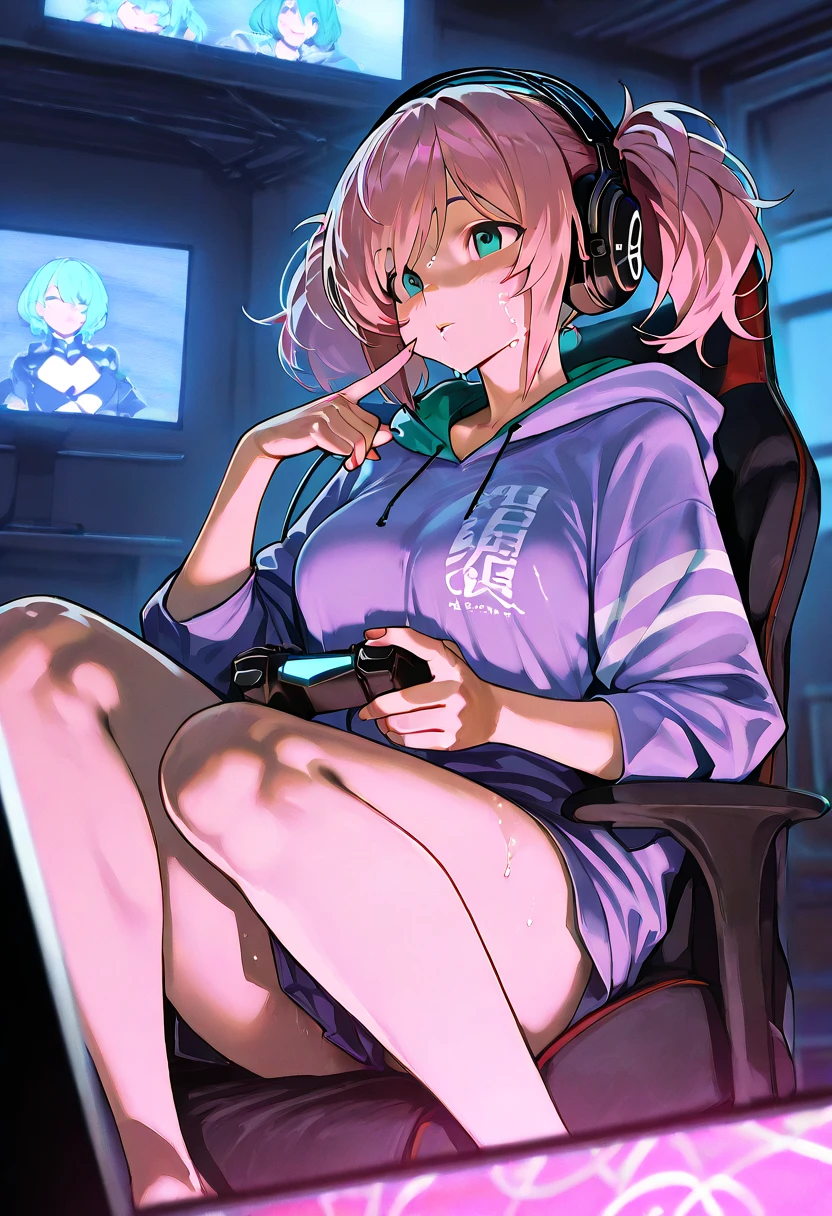 pink hair girl with freckles, pink blush and tattoos wearing knee-high socks and a short miniskirt, sitting in a pink gaming chair, holding an Xbox controller top quality picture, perfect symmetry, vibrant and clear, high level of detail and definition, 1200 PPI – Photographic resolution with greater central realism, Hyper-realistic and cinematic high-fidelity 16K UHD image resolution.
