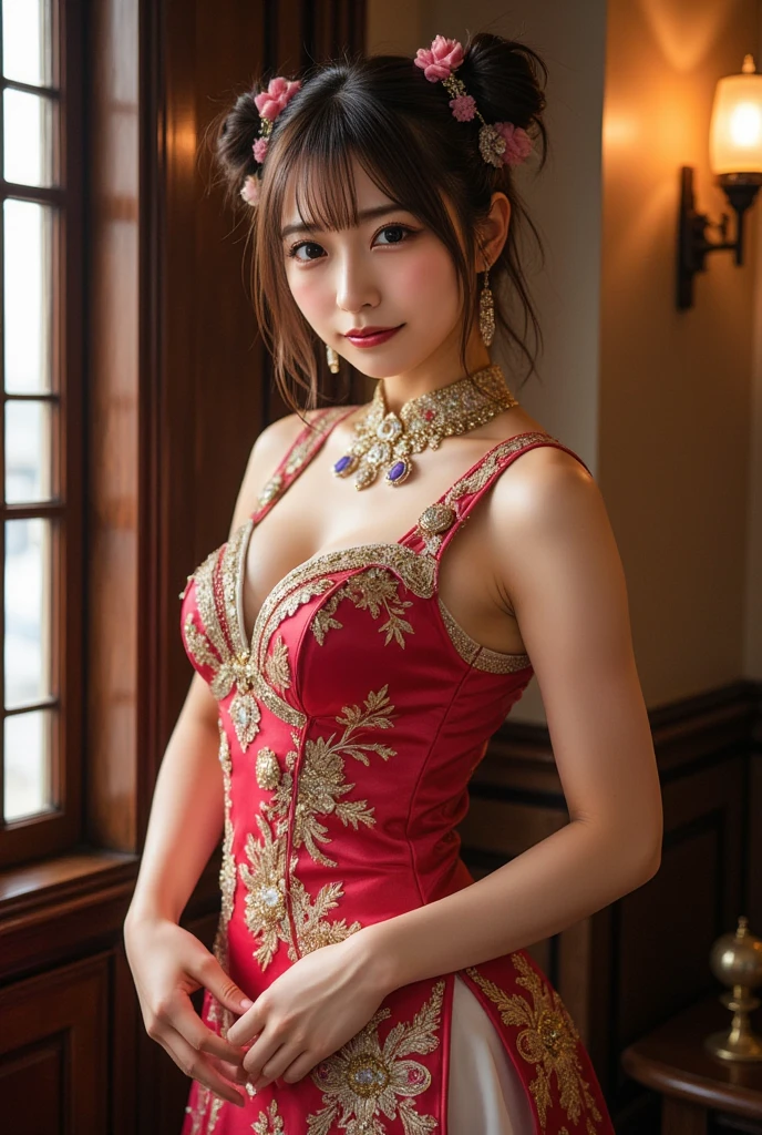 1 female, Beautiful Japanese actresses, Age 25, Double Eye,mile, Detailed face, Big earrings，Large Necklace, Flashy makeup using red eyeshadow，light brown delicate middle cut hair，The tips of the hair are wavy，Classy hairstyle，Fine grain,Slender actress, Large breasts, valley, Small hips, Side Bust Barbosa), Sexy silk embroidered mermaid dress:1.2), break long black hair, BREAK ceremony, Red carpet, Official Art，Highly detailed CG Unity 8k wallpaper, (masterpiece:1.0),(highest quality:1.0), photo shoot, 8k, Browsing Caution, High resolution, Kodak Portrait 400, Film Grain, Lens flare brilliance,Show Viewer, View from the front