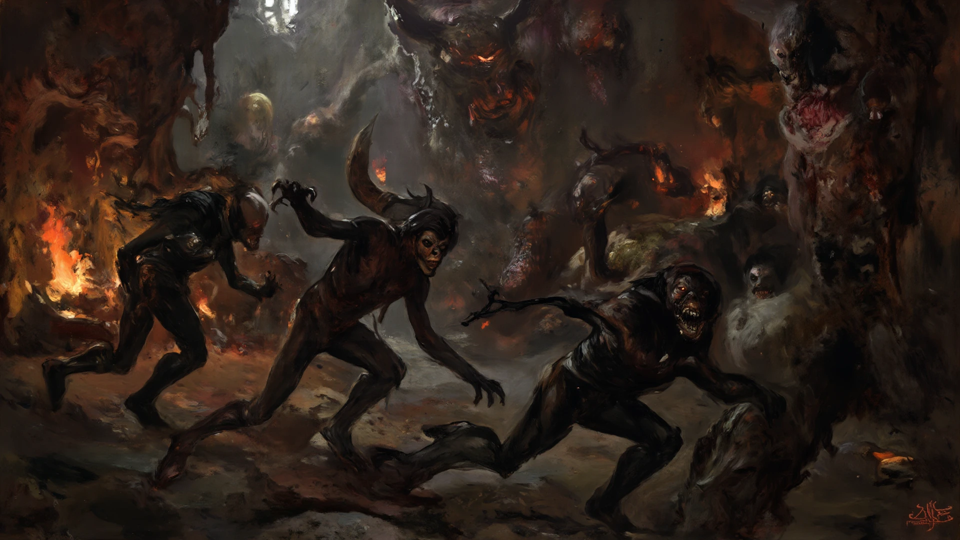 yellow and black, a medieval horde of deformed goblins, in the style of Mork Borg, strong contrast, grunge dirty punk splash art, black metal zine