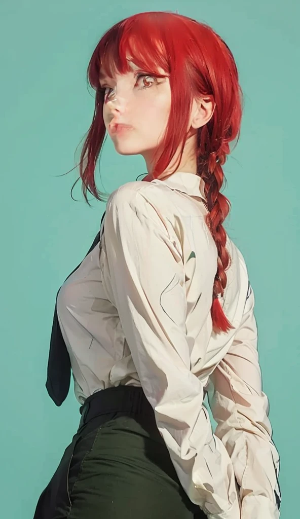 adolescent, best quality, ultra detailed, redhead, yellow eyes, erotic, rear vision, hair tied, lowered, tattoo on the back,