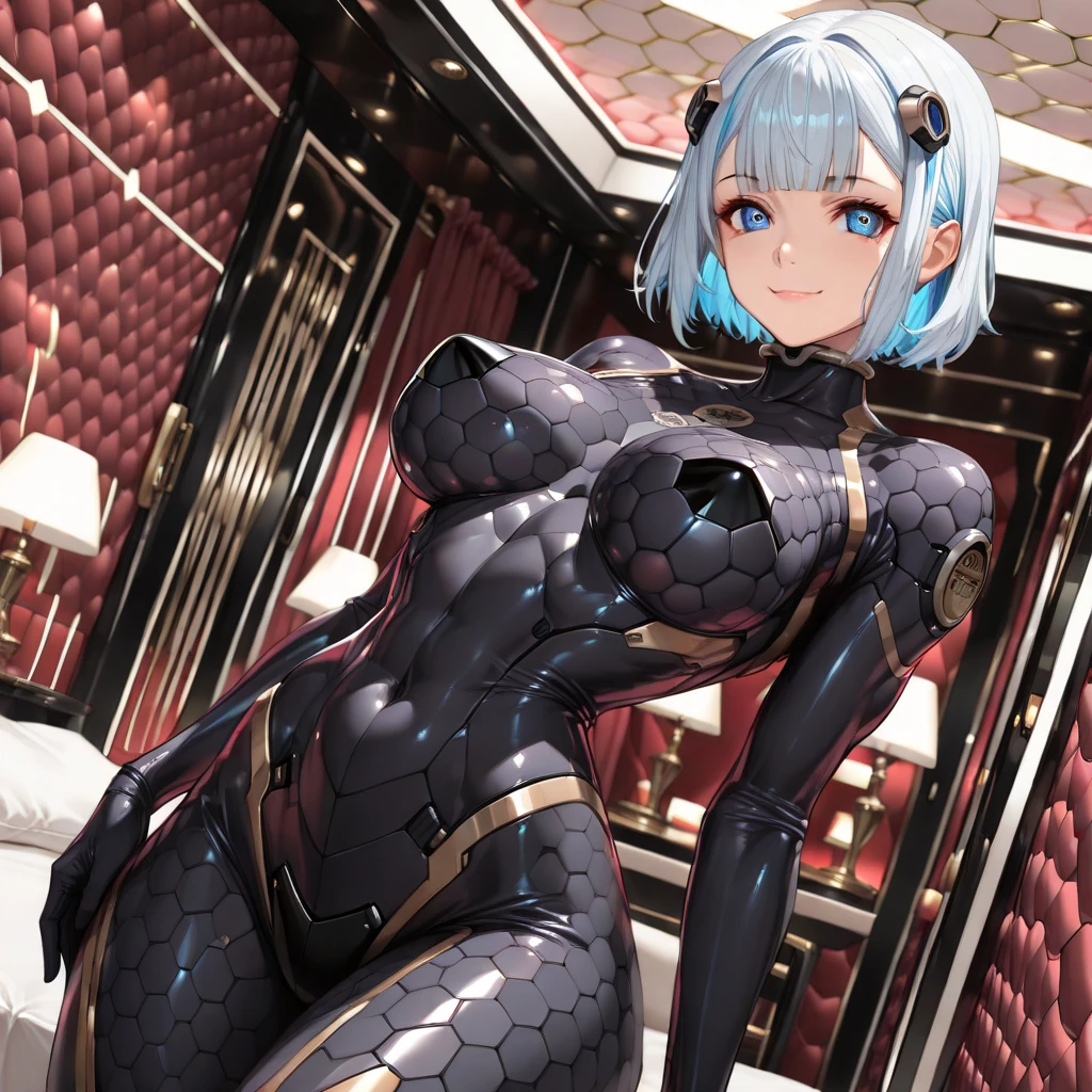 (((bedroom background:1.33))), sexy, 1girl, bare shoulders, blue eyes, blue hair, ((big breasts:1.21)), elbow gloves, gloves, holding, looking at viewer, short hair, smile, solo, indoor, (((sitting on the bed:1.33))), (masterpiece,best quality:1.5), <lora:QiFlashFist:1>