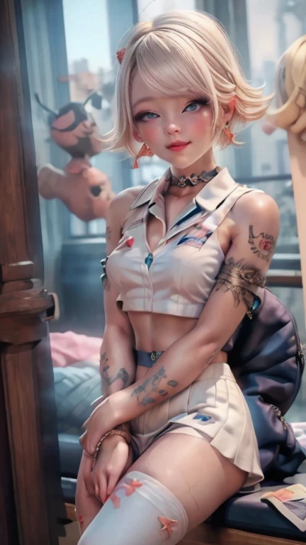 (Browsing Caution:0.7), Perfect Style, Beautiful Face, Highly detailed face and skin texture, (Maximum resolution: 1.2), 1 female,Hip Up, jewelry, (((He has many tattoos all over his body)), Streetwear, (((Tight shorts))), blonde, ,sneakers, (((Tight waist))), ((Big Breasts)),(See through)