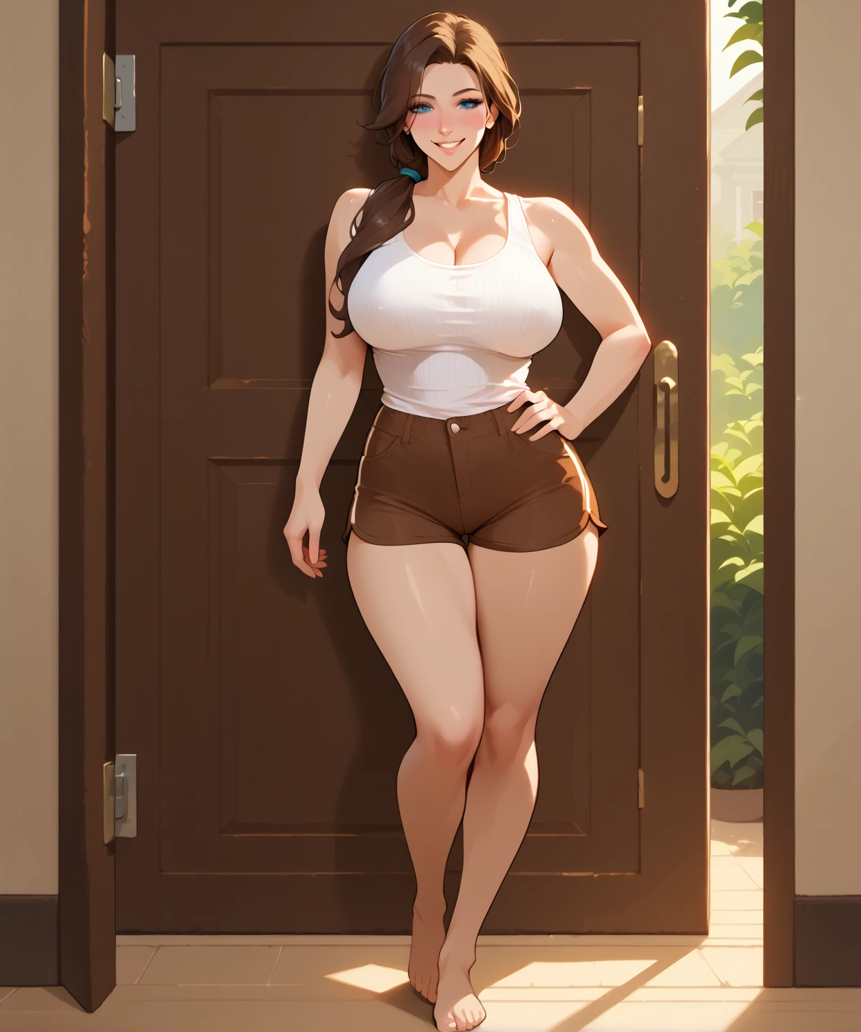 8K, RAW photos, best quality, masterpiece, Practical, Practical, (1 extreme beauty),full-body shot, The face is rich in detail, Fine particles, Double eyelids, eyelash, Grin, Lip detail, Brown long hair, Large Breasts, (Black Lace Fishnet Bodysuit), ((Red hip skirt)), Cowboy shooting, , ((Written border depth)) ,Tape your mouth shut,Soaked white shirt、Blonde plump busty woman holding book and glasses, woman in black suit, Wearing a serious suit, Female Merchant, Wearing a suit的女人, Girl in a suit, Office attire for women, Wearing a suit,Wearing black glasses, Girl in a suit, young Female Merchant, Wearing a suit, Business Attire, Wearing a suit,Proceed with caution when wearing glasses,((17 year old Japanese girl)), (((Slim, Tight waist, Thin thighs, Thin arms))), (((side))), (((Firm and huge breasts:1.3))),(camel toe:1.5),(red g-string:1.3),(Black hip skirt),(red heel:1.6)