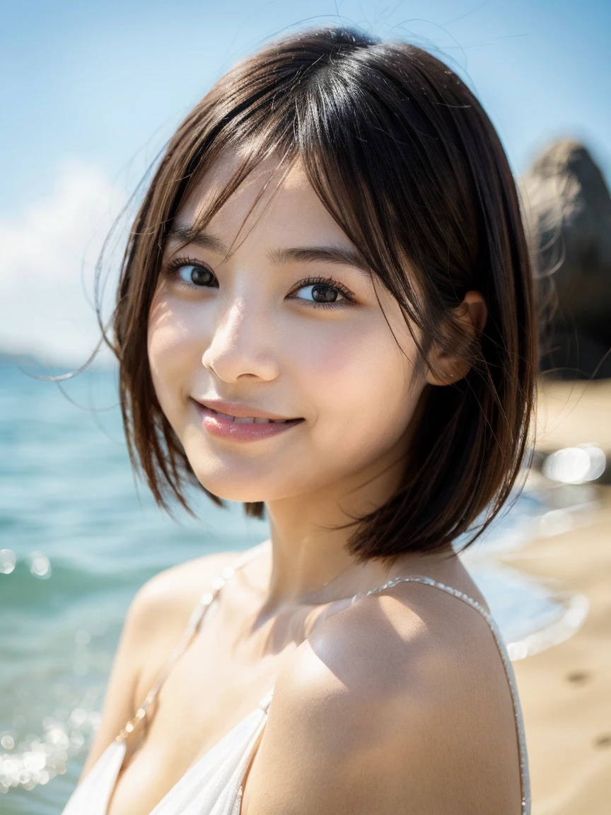 (( Best Picture Quality , 8k, Masterpiece: 1.3)), portrait, (( NSFW2.0)), 2 girls, 20 years old, beautiful Japanese idol, grin Smile, beach, black hair, super short hair, pixie cut, kawaii, (Realistic: 1.4), pink thong swimsuit, early morning light,. 