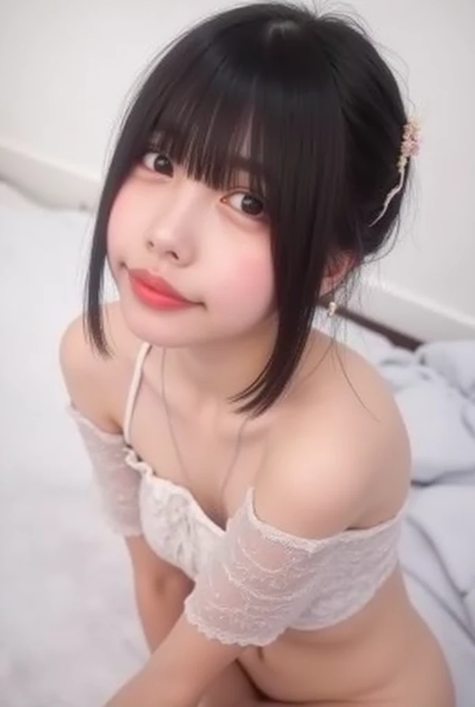 ((high resolution)), ((8k)), young girl on her knees on a bed, camera looking from above, very skinny, tan skin, full tan body, blushing cheeks, smiling, round breasts, intricate floral lingerie, innocent expression, pink tutu, naked, choker, tie