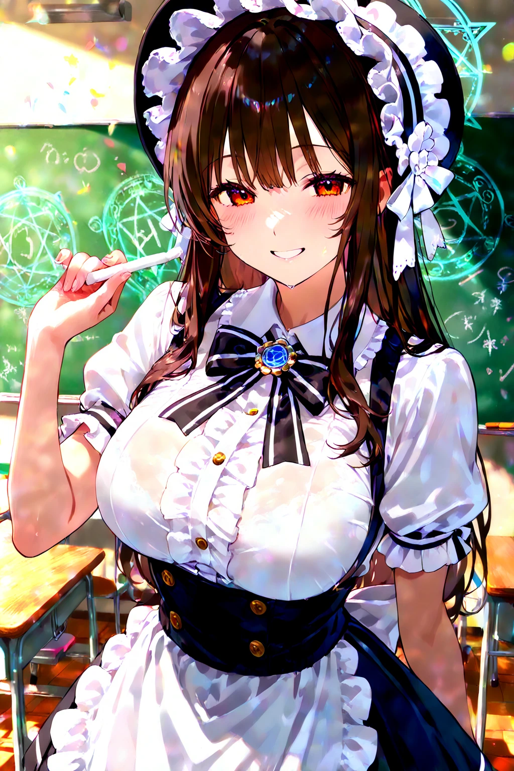(fantasy:1.5),(8k,masterpiece, top quality, best quality,beautiful and aesthetic:1.2,professional illustrasion:1.1,ultra detail:1.3,perfect lighting),extremely detailed,highest detailed,incredibly absurdres , highres, ultra detailed,intricate:1.6,(Alchemy Workshop:1.4),A girl mixing,Medicine in many small bottles,holding small potion,colorful:1.4,zentangle,(a girl 26yo old),(cute girl),pointed chest:1.3,(double breasted:1.2,under bust:1.2), Amazing Cleavage:1.3, thin waist, big ass, Raised sexy, small breast: 1.2 posed cleavage:1.2,(female alchemy),(highly detailed beautiful face and eyes,firm breasts),oily skin,((bronde hair, long  pony tail hair)),thin pubic hair,cute,lovely,beautifuk alchemist costume,smile,in the Alchemy Workshop,smile,seductive weak smiling,(with sparkling eyes and a contagious smile),open mouth, Looking at Viewer, 