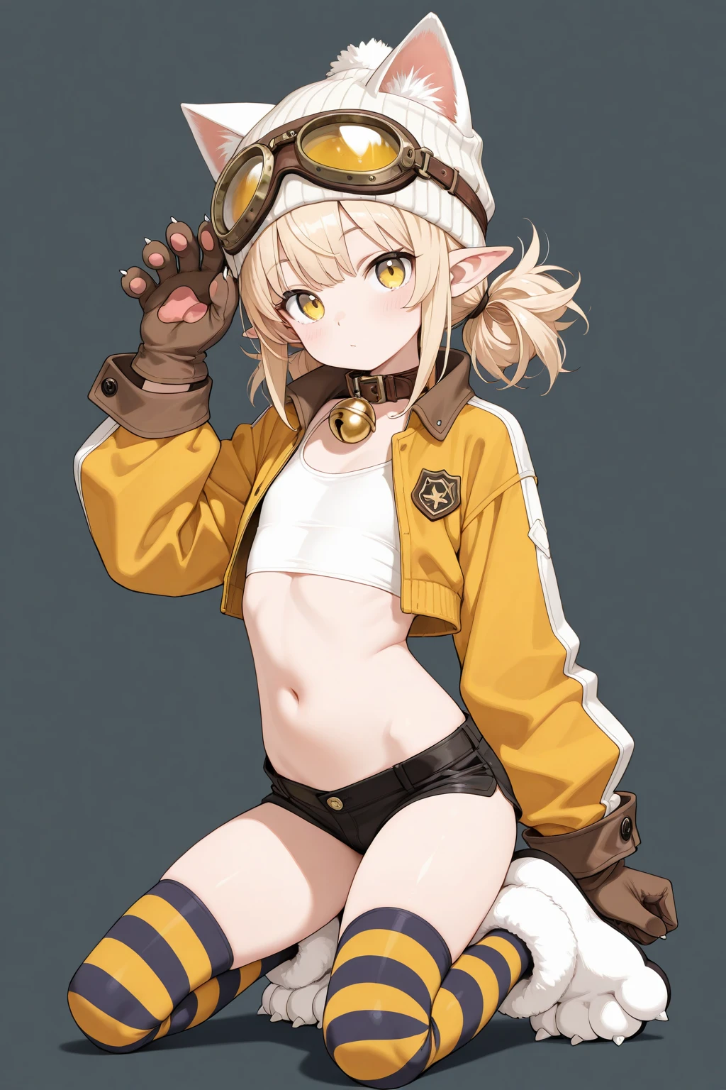 Thief,blonde hair,pointy ears,navel ,yellow eyes,ponytail,underboob,slit pupils,orange eyes,fang , butt, rear shot
,
ThiVS,animal hat,striped thighhighs,goggles on head,crop top,brown shorts ,brown gloves,paw shoes,long sleeves ,
outer space, gold treasure chests, stars, milky way, gold coins,
(insanely detailed, beautiful detailed face, masterpiece, best quality) <lora:Thief:0.7>