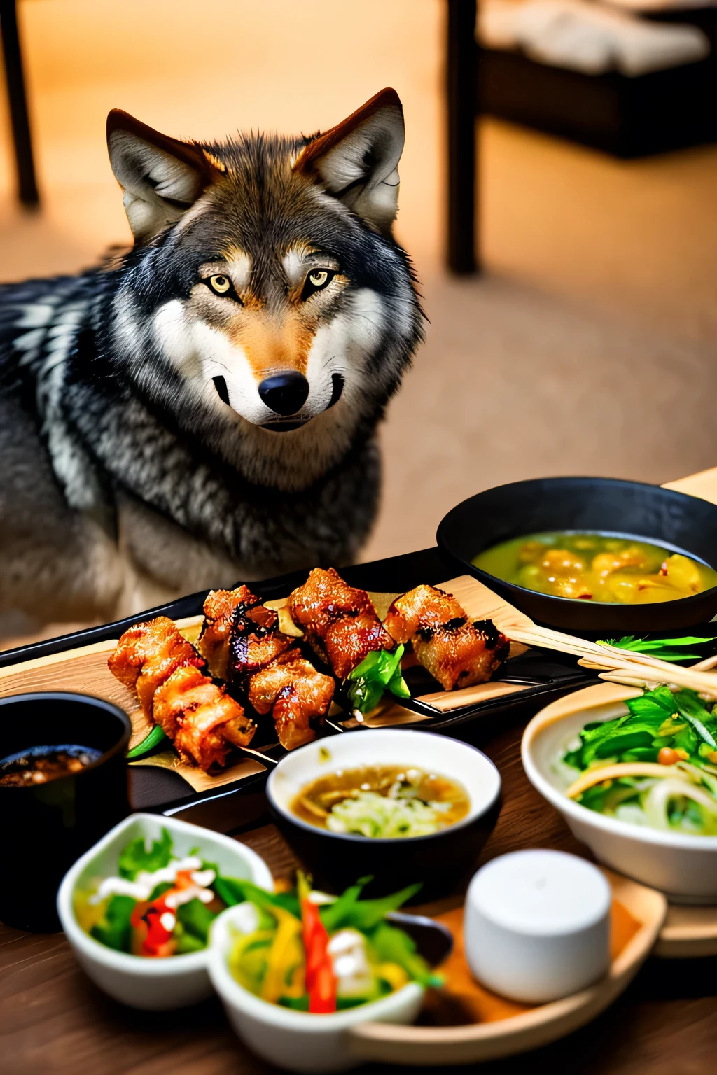 Wolf eating yakitori、dog is cooking
