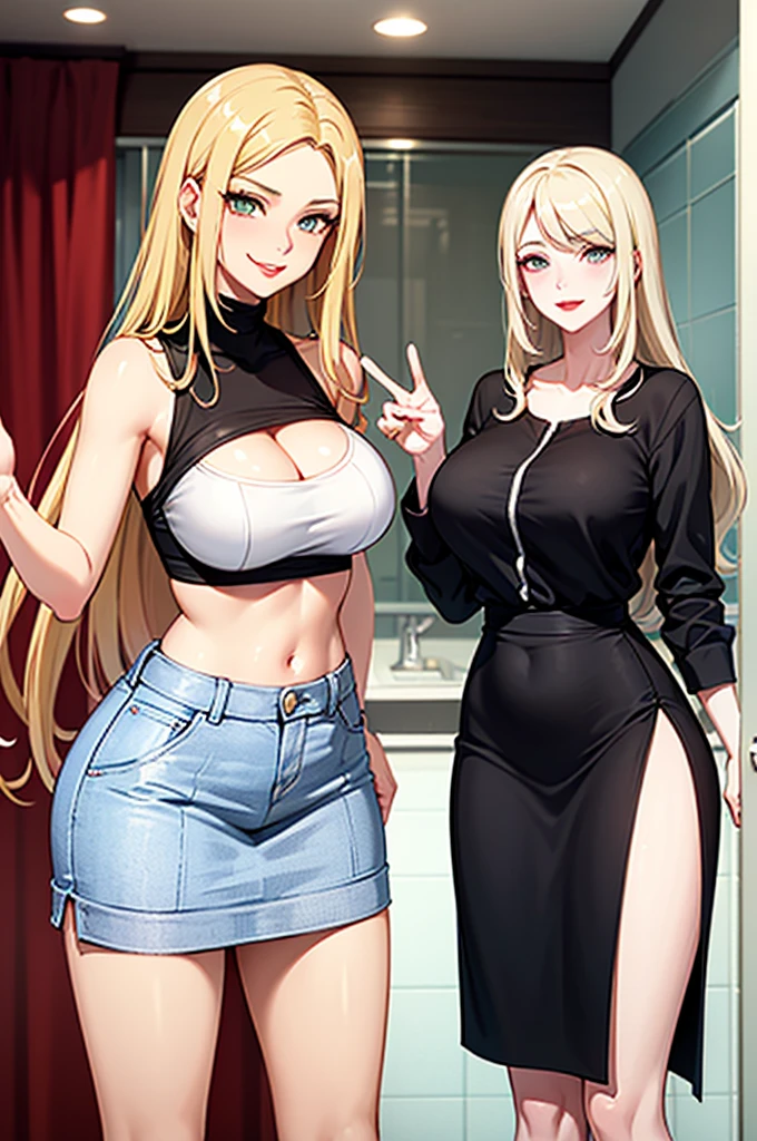 1 woman, blonde hair, busty, tight dress, department store