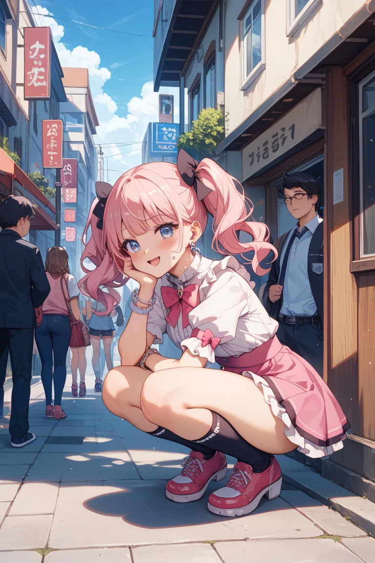 4 Girls with pink hair, long twintail hairstyle, ((small bushy eyebrows)), wearing gothic lolita clothing, lolicon , walking to school, flirty smile,, walking to school, bored look, bored face,, (sitting with legs open lifting her skirt to show her vagina wet with semen),
