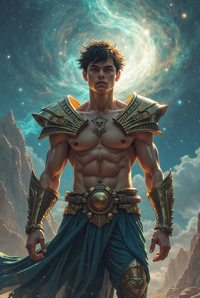 fullbody, A  young, latino, handsome,  shirtless, pantless, barefoot, fullbody, athletic fitness toned body, playing a ciello, symbolizing a timeless connection between past and future. vibrant colors. vibrant colors, MASTERPIECE by Aaron Horkey and Jeremy Mann, masterpiece, best quality, Photorealistic, ultra-high resolution, photographic light, illustration by MSchiffer, fairytale, Hyper detailed