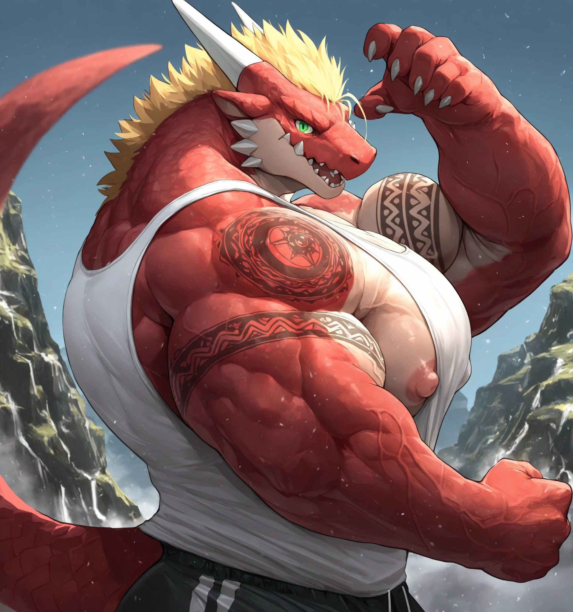 POV,top angle,sleep on stomach,lats,trapezius,butt lift,kemono, anthro (dragon), male, (dragon), muscular, back, red body, white belly ,sweat, ((correct anatomy)),stand up, sexy stand, white background, 1 boy, solo, wearing jockstrap, pain expression, canine tooth, hd, dark shadows, wide dynamic range, hdr, low light:1.2, front view, dragon, hairy, black and white fur, hairy, Sweating, Sparkling blue eyes, Big pink‚ with big‚ abs‚ handsome‚ sex, sad face, wearing white shirt, up view, high quality, super detail, short, 1080P, high quality, high quality, best quality, 8k, super detail, 16k, injury, bloods, full body, full view, whistle, look down at viewer
