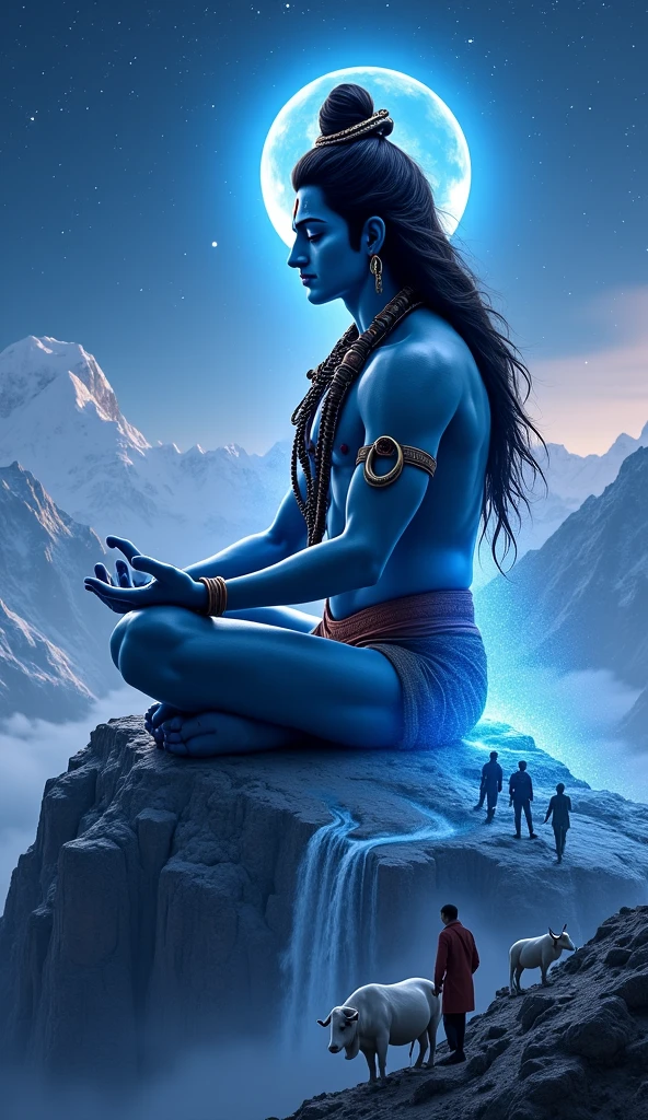 "A young man dressed in a police officer’s uniform is floating in space, surrounded by stars, planets, and galaxies. He is kneeling in prayer with hands joined, looking up with deep devotion. Above him, a majestic and ethereal figure of Lord Shiva is seated in meditation, with a calm and compassionate expression, radiating a divine light. Shiva is listening to the young man's prayer, as if acknowledging his determination and courage. The cosmic background features swirling galaxies and subtle hues of blue, purple, and black, creating a serene yet powerful atmosphere that highlights the spiritual connection between the man and the deity."
