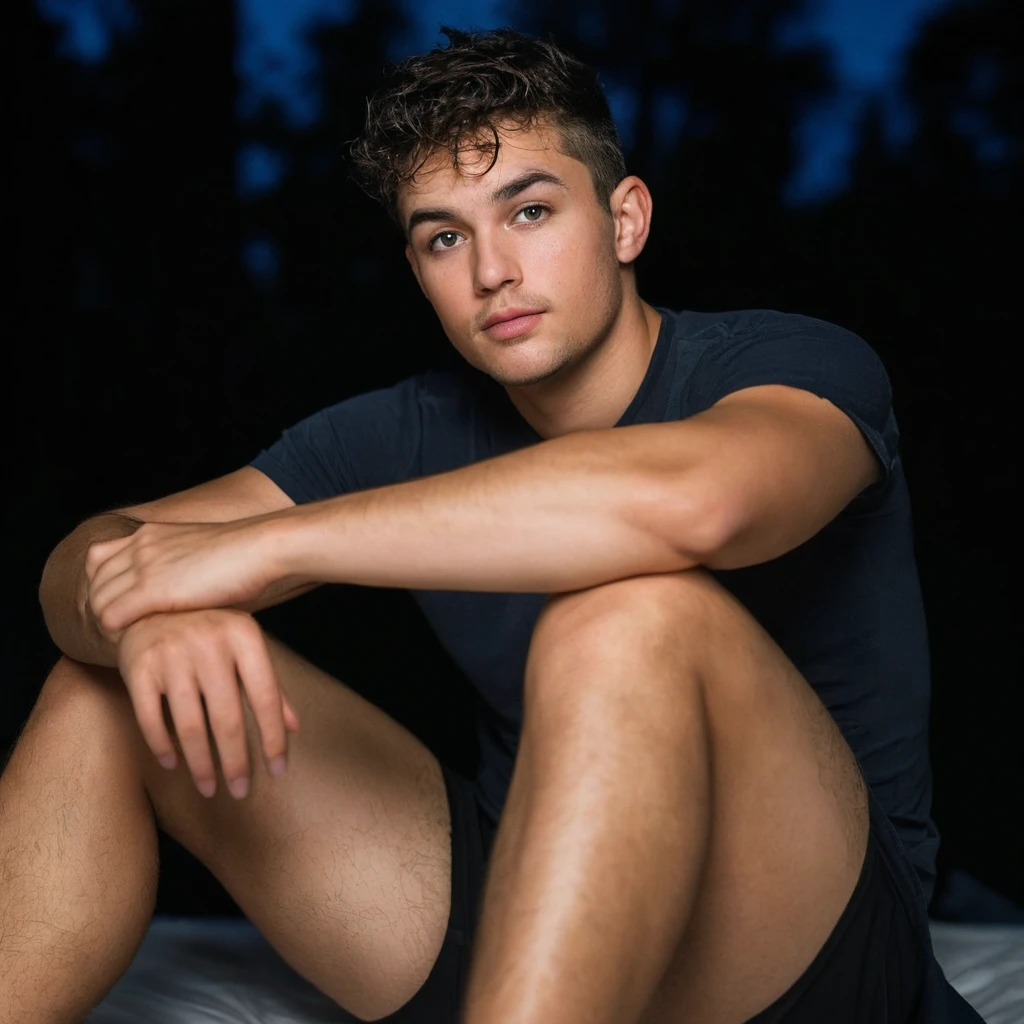(RAW photo: 1.2), ((photorealistic: 1.4), (masterpiece: 1.3), (best quality: 1.4), ultra-high resolution, (detailed facial features), photo of a 15-year-old naked man, a young man sitting outside at night, (high detail skin: 1.2), 8k uhd, DSLR, soft lighting, high quality