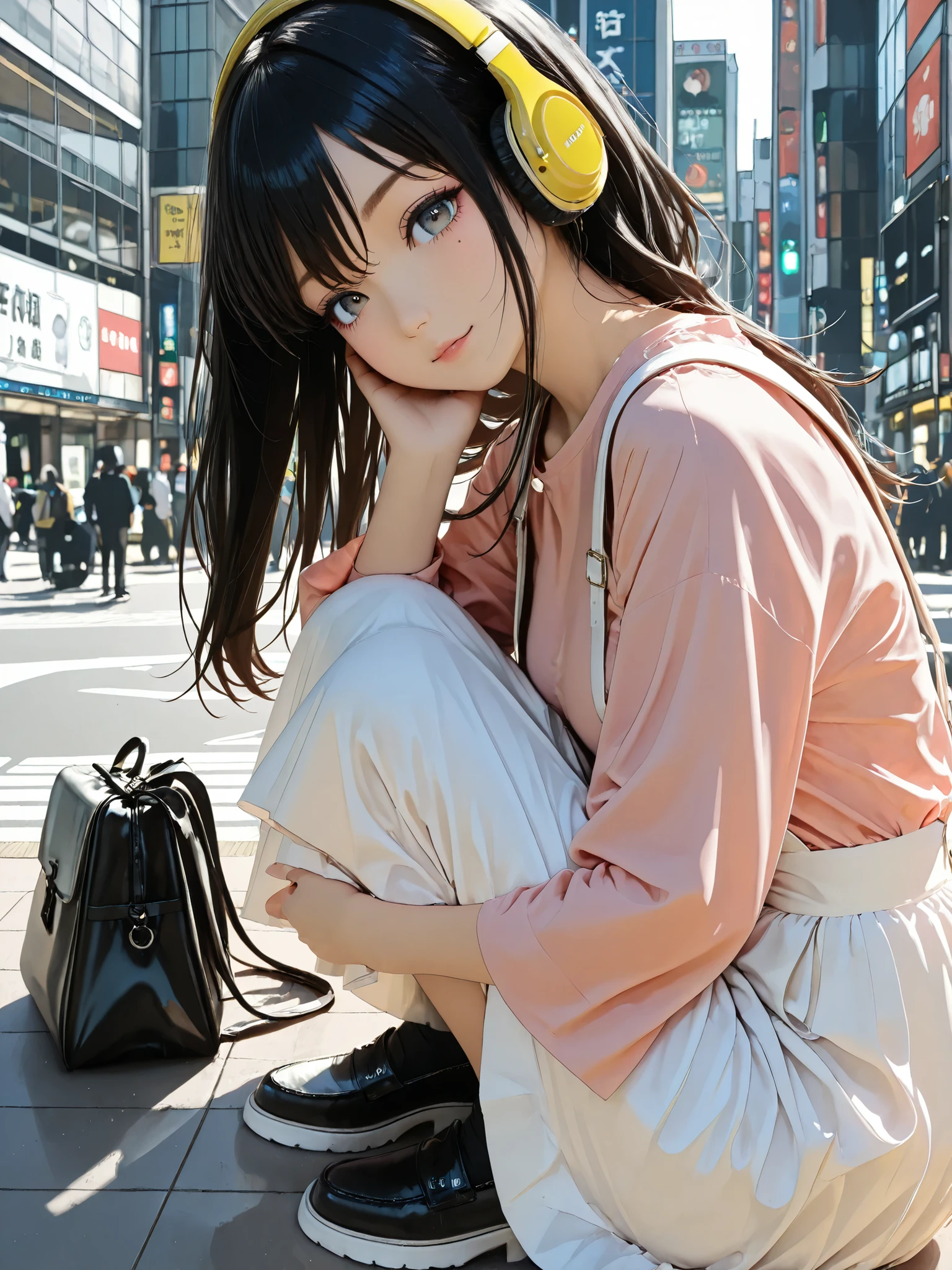 Panorama,(Full body),long hair,black Hair, model, pink shirt, white suspenders ,white skirt,clear makeup, yellow headphone , wearing headphones, Put the black bag on your shoulder,(((Shibuya intersection in tokyo)))